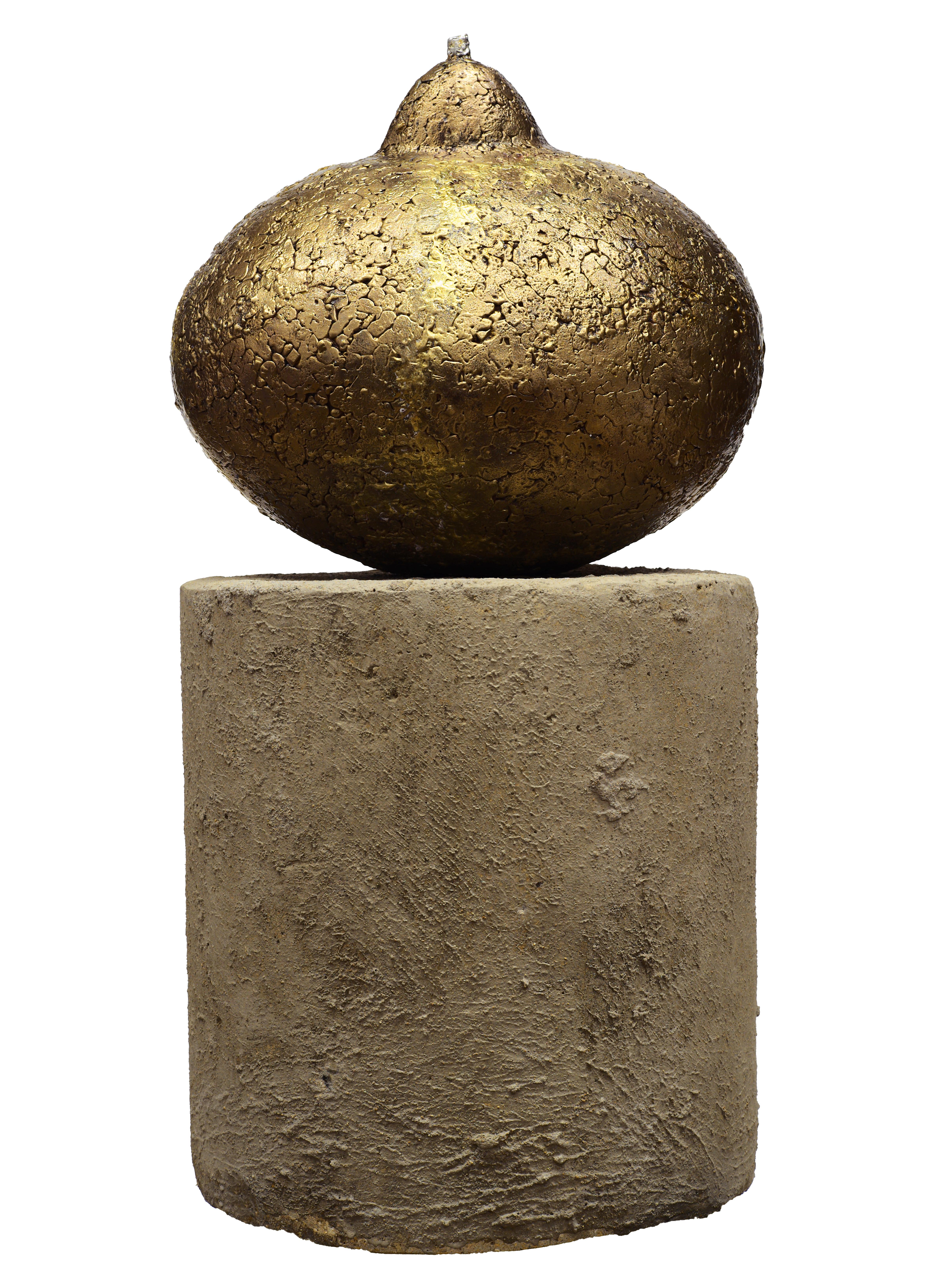 An oversized bronze pear sits upon a circular concrete base in Mary Block's unique work entitled Summer Pear. This one of a kind bronze sculpture is perfect in its imperfect shape as only nature can produce. The surface of the bronze is a smoothed