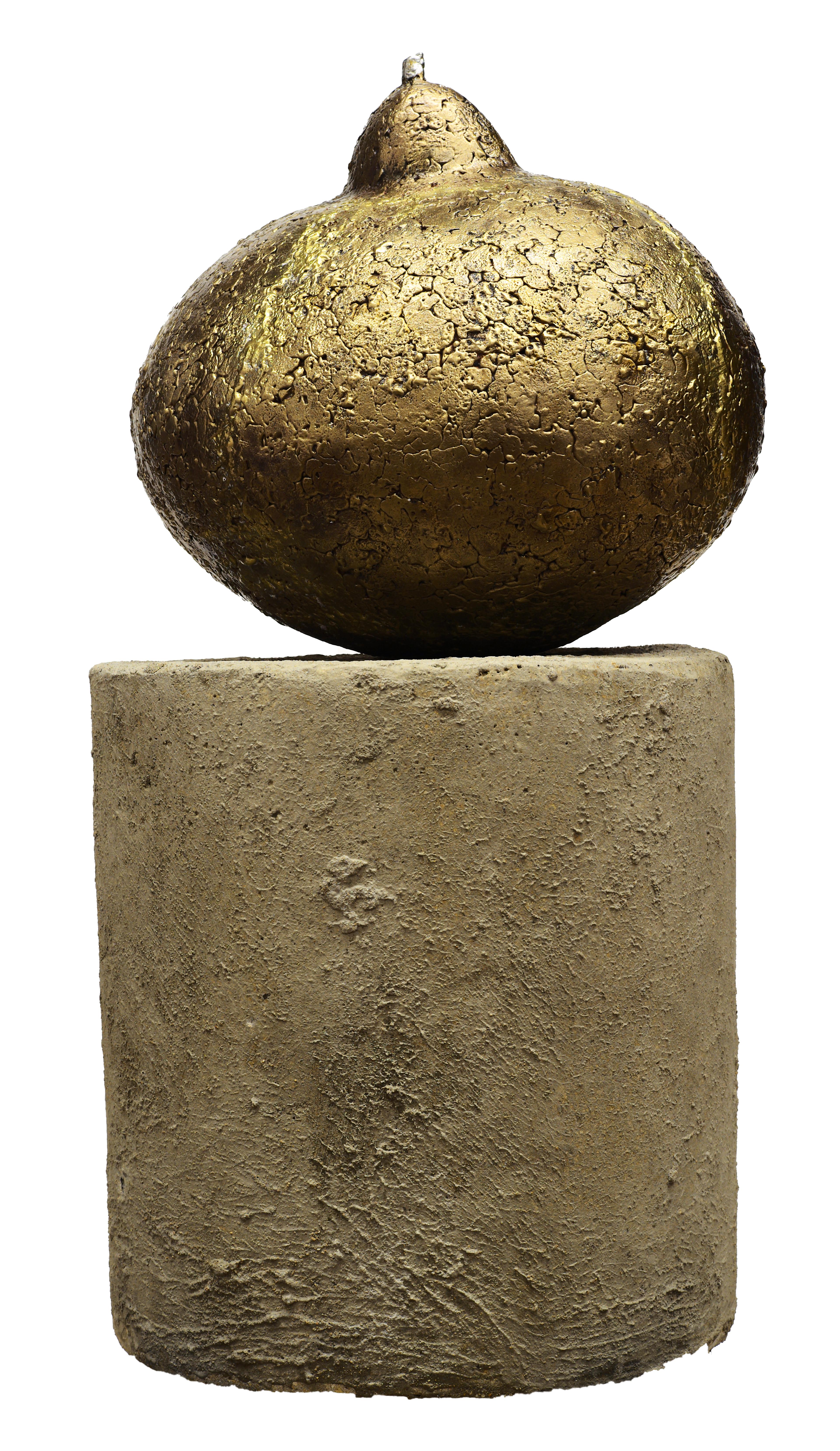 Modern Summer Pear, Bronze Sculpture with Textured Golden Surface on Concrete Base For Sale