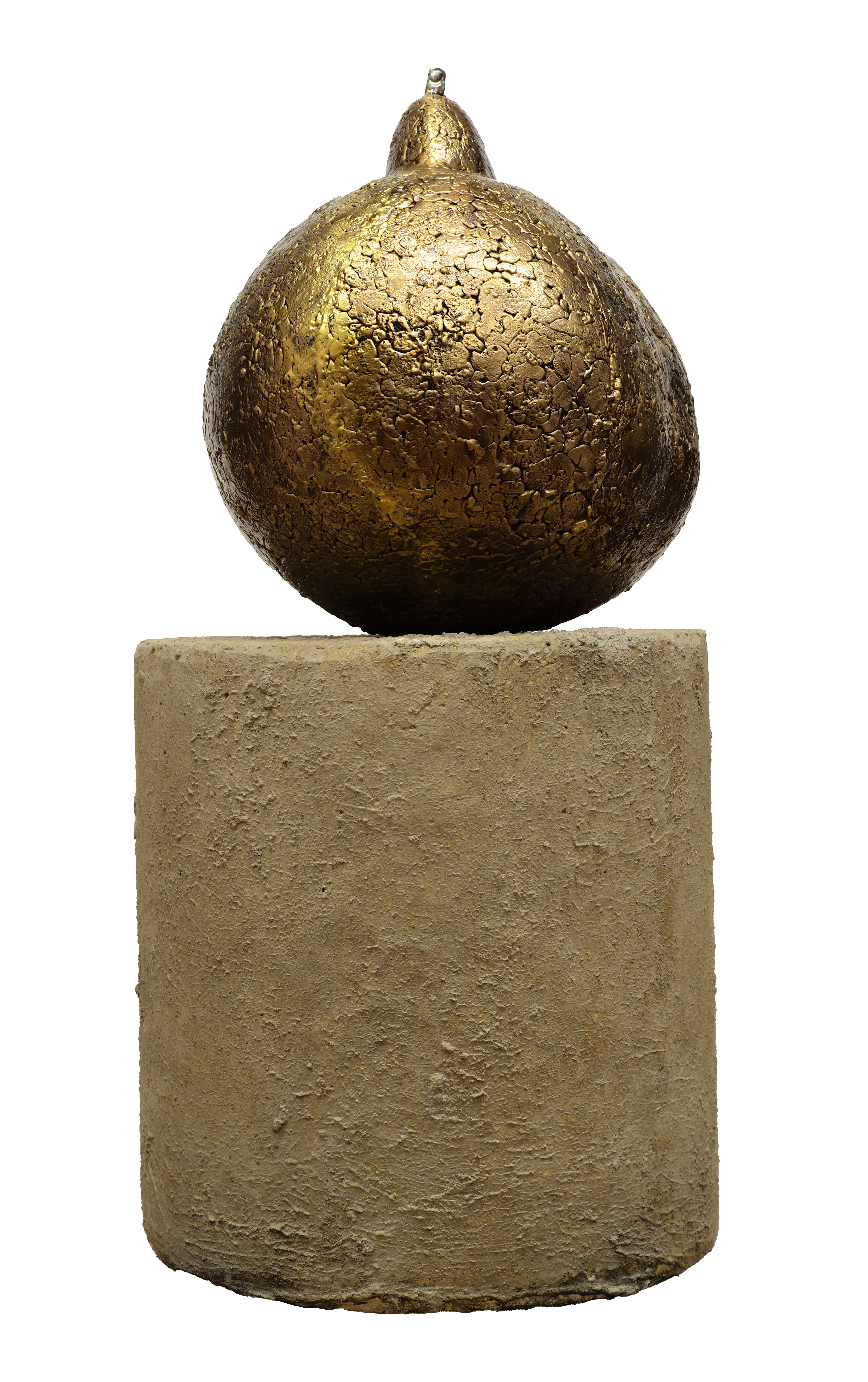 Contemporary Summer Pear, Bronze Sculpture with Textured Golden Surface on Concrete Base For Sale