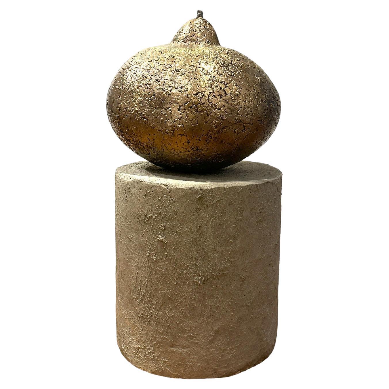 Summer Pear, Bronze Sculpture with Textured Golden Surface on Concrete Base For Sale