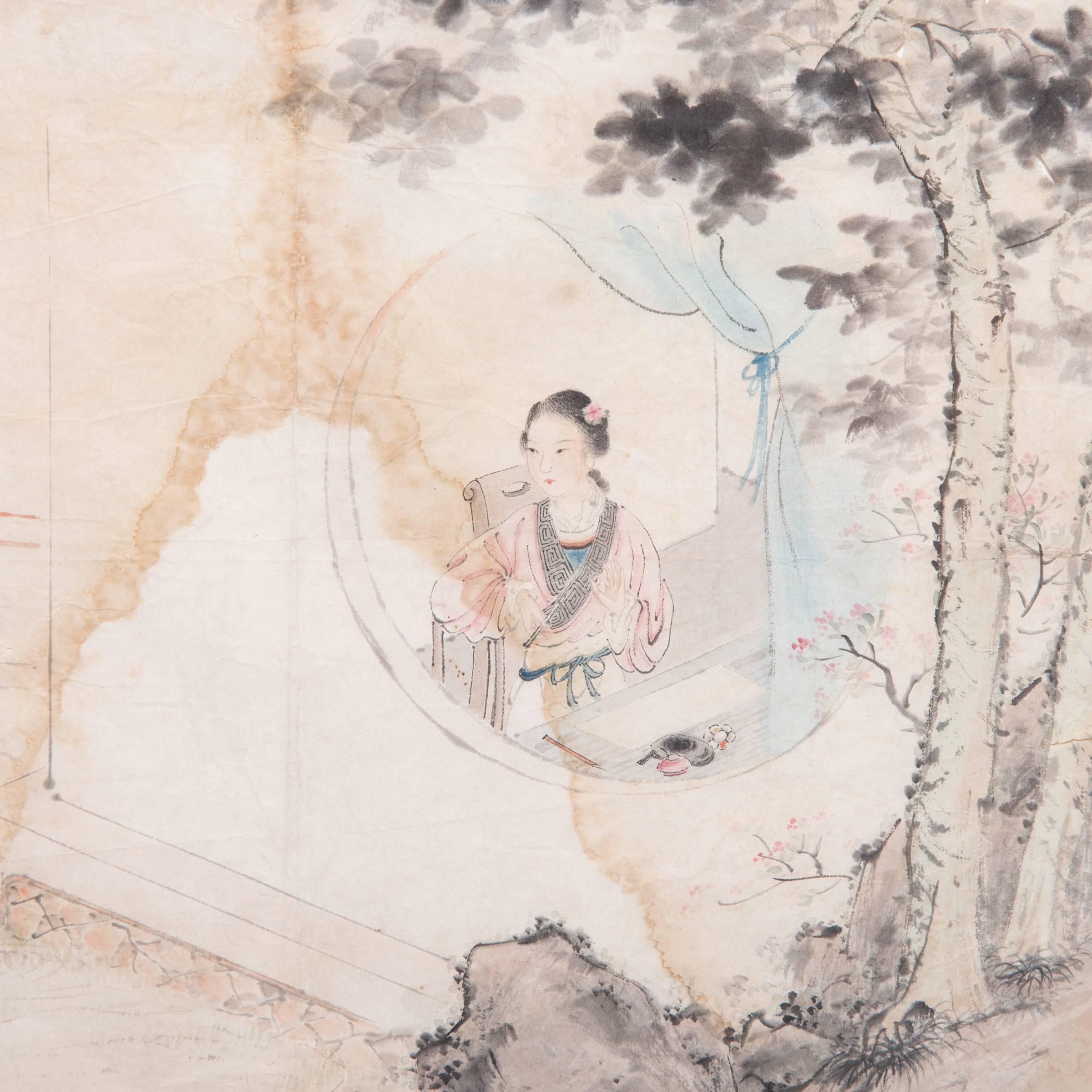 This delightful work on paper was found in Shanghai. Created in 1977, the painting by artist Yun Fung depicts a young woman gazing out her window, “leisurely painting on a sunny day” as the characters in the upper left-hand corner describe. With her