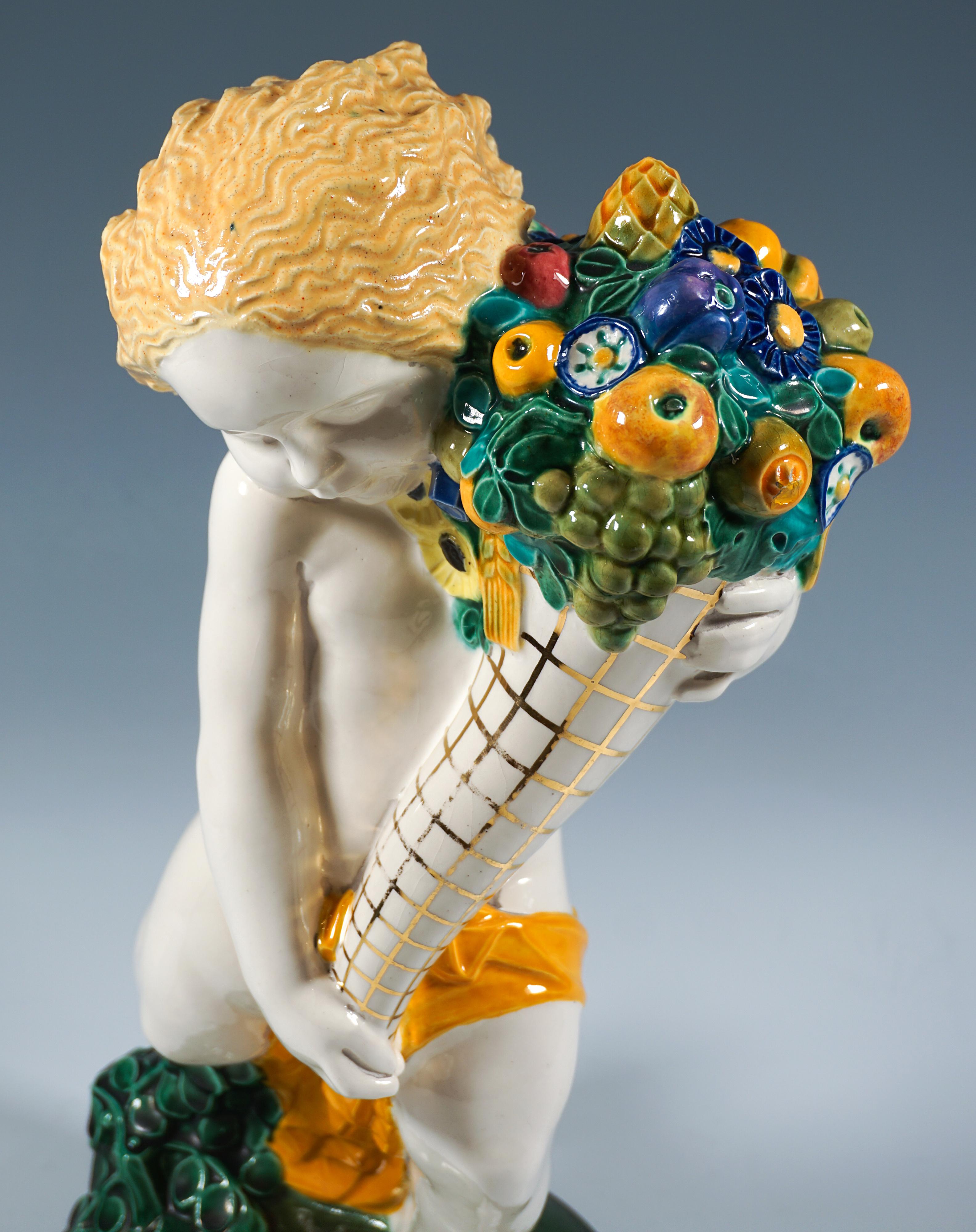Painted 'Summer', Putto With Cornucopia, by Michael Powolny, Vienna Ceramics, 1913-1919