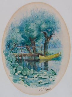 Summer Scene with  Lily Pads and Canoe Painting by John J Inglis