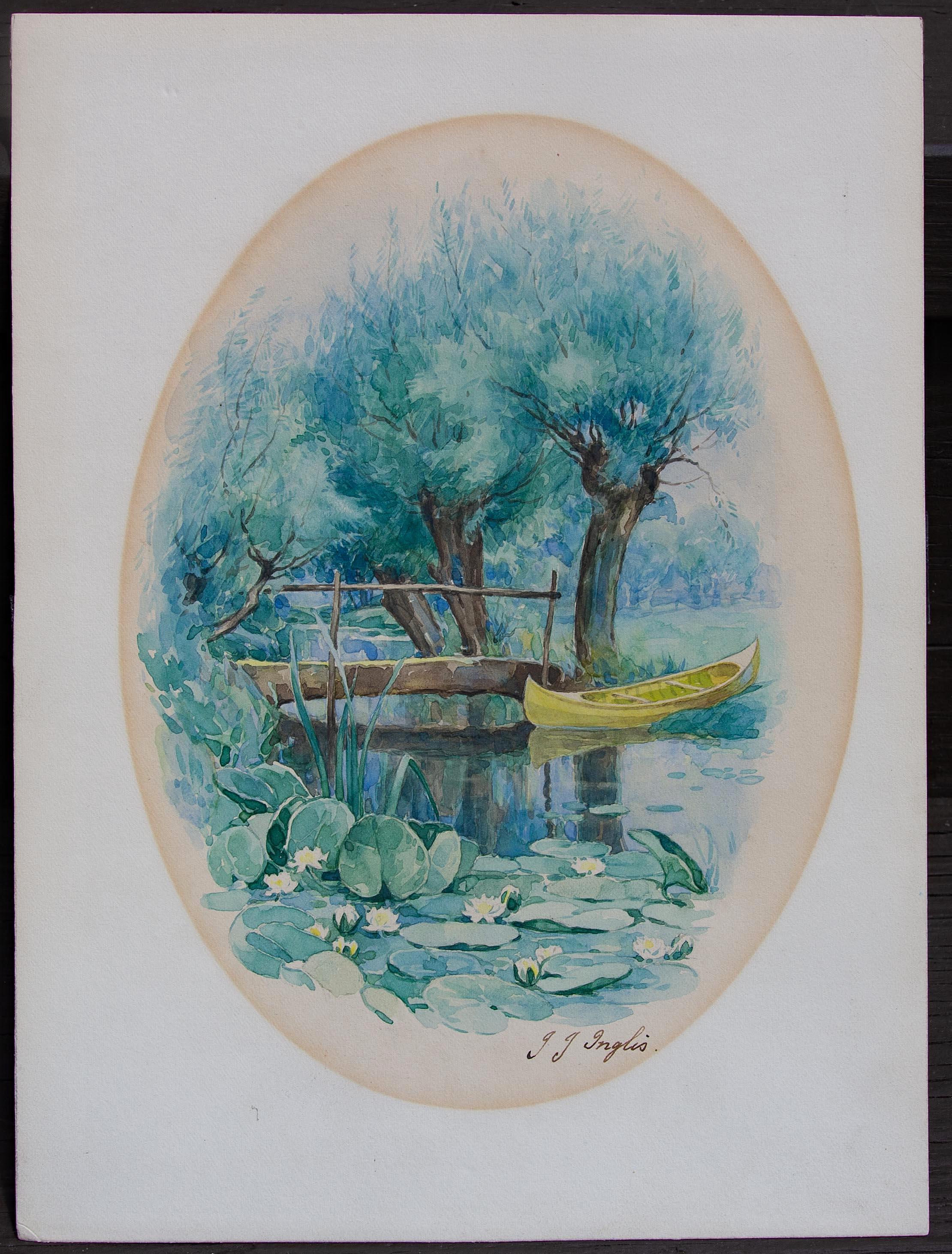 Américain Scène d'été avec  Peinture de nénuphar et de canoë de John J Inglis en vente