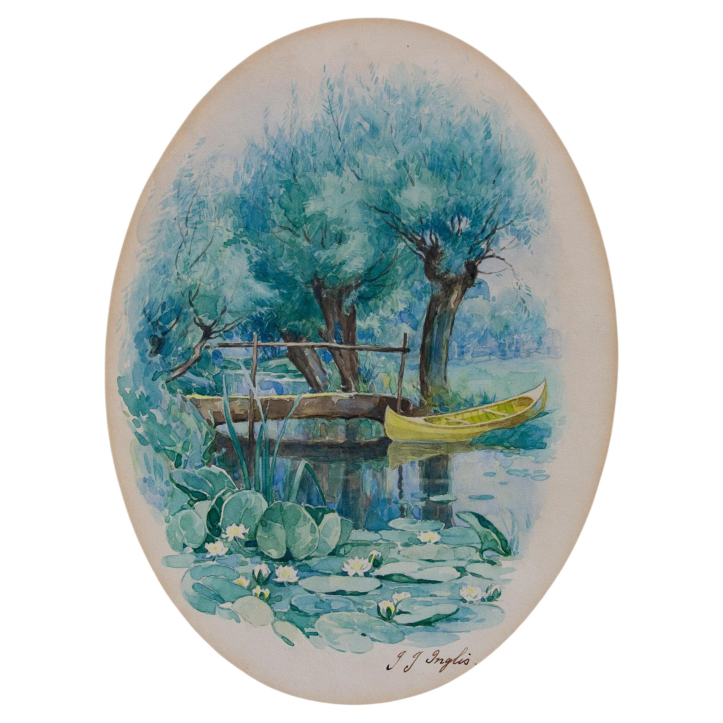 Summer Scene with  Lily Pads and Canoe Painting by John J Inglis