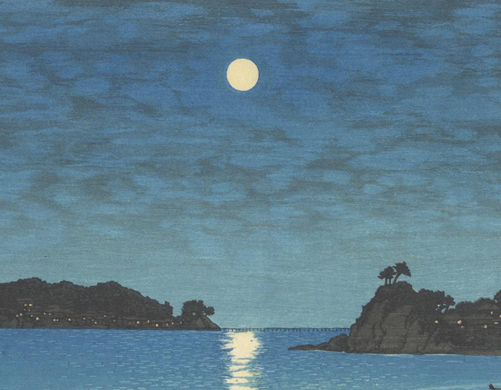 Showa Summer Sea Night Print, Japanese Woodblock Print by Kawase Hasui, Moonlight Blue