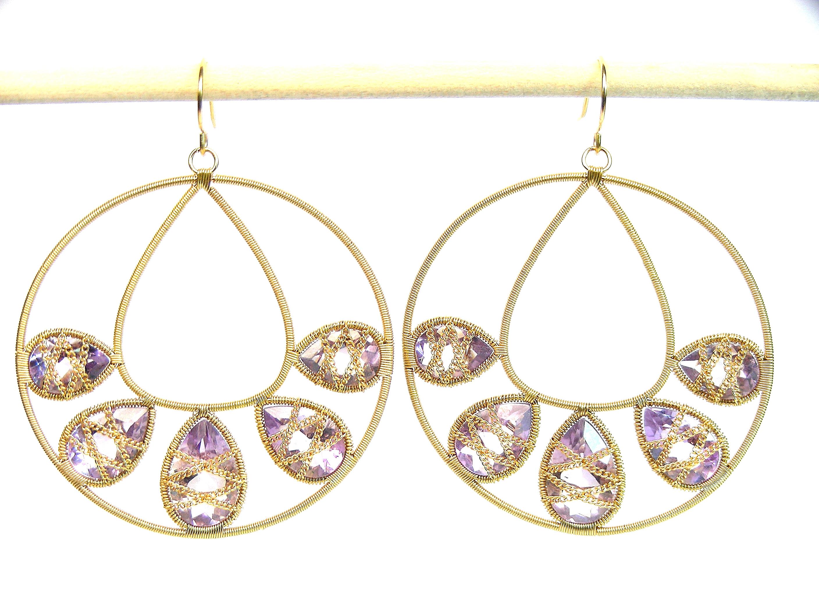 Summer Splash Hoop 18k Gold Earrings with crystals and Amethysts For Sale 3