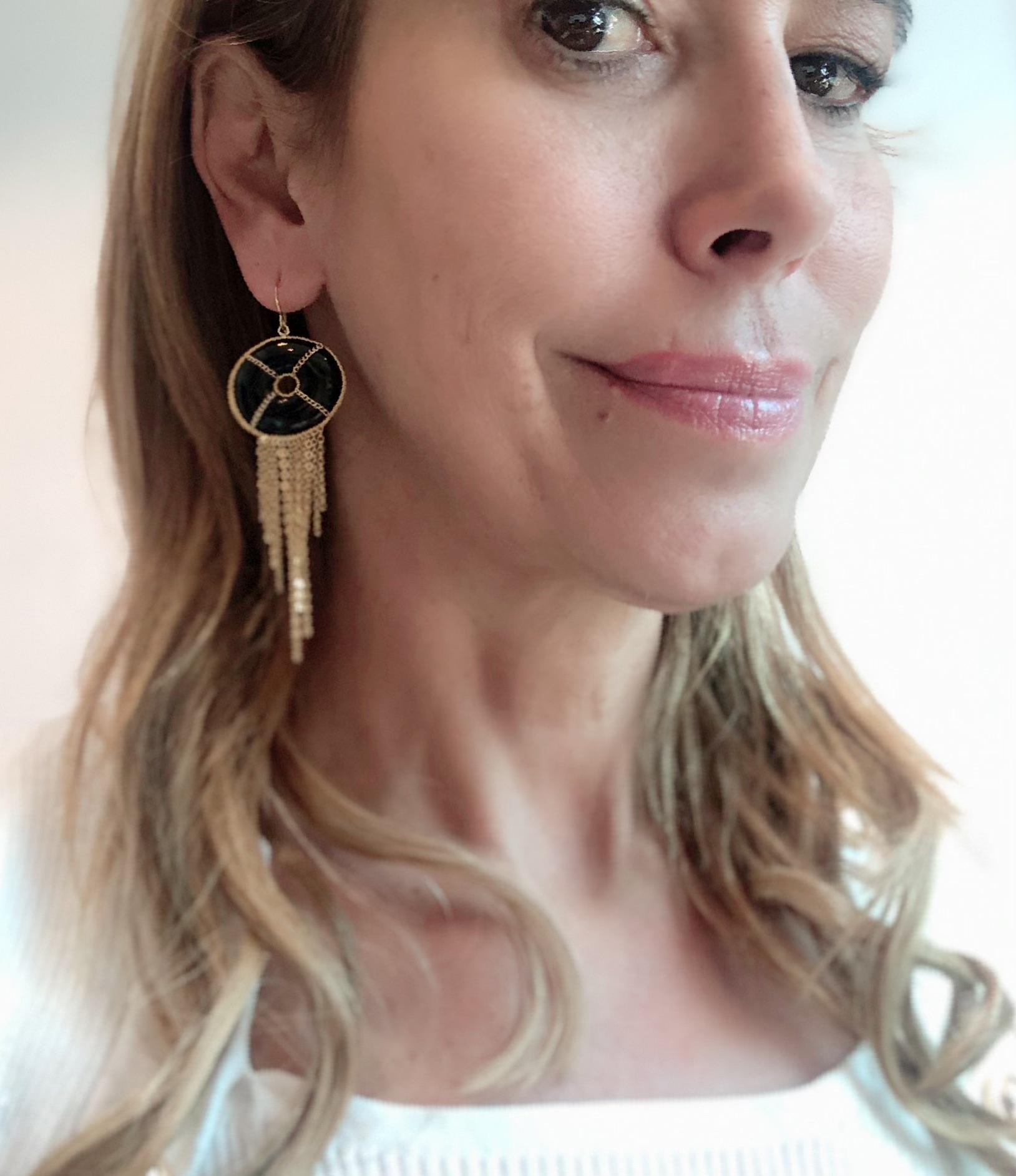 Contemporary Summer Splash Hoop 18k Gold Earrings with Clear Onyx Mandala For Sale