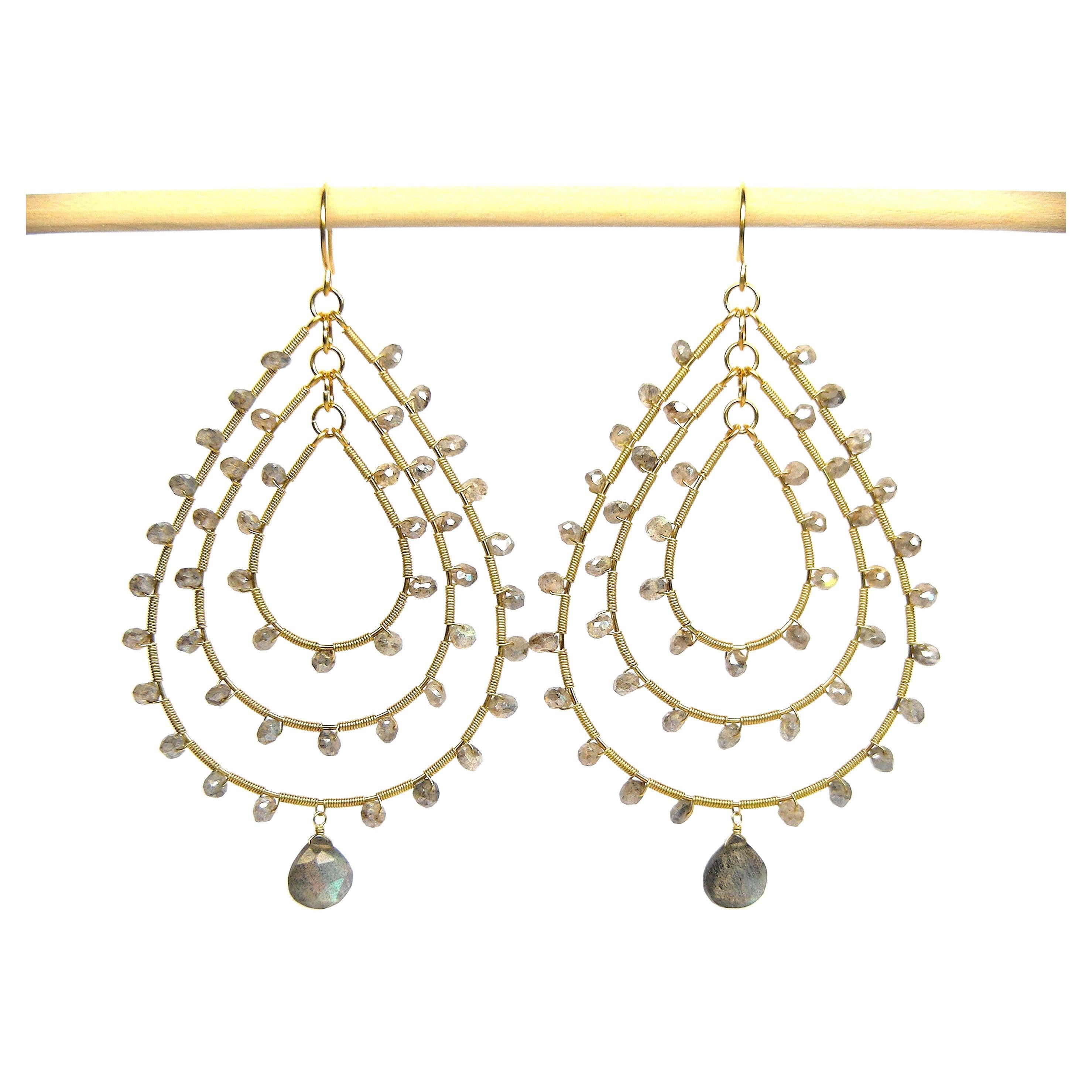 Summer Splash Hoop 18k Gold Earrings with Faceted Labradorites For Sale