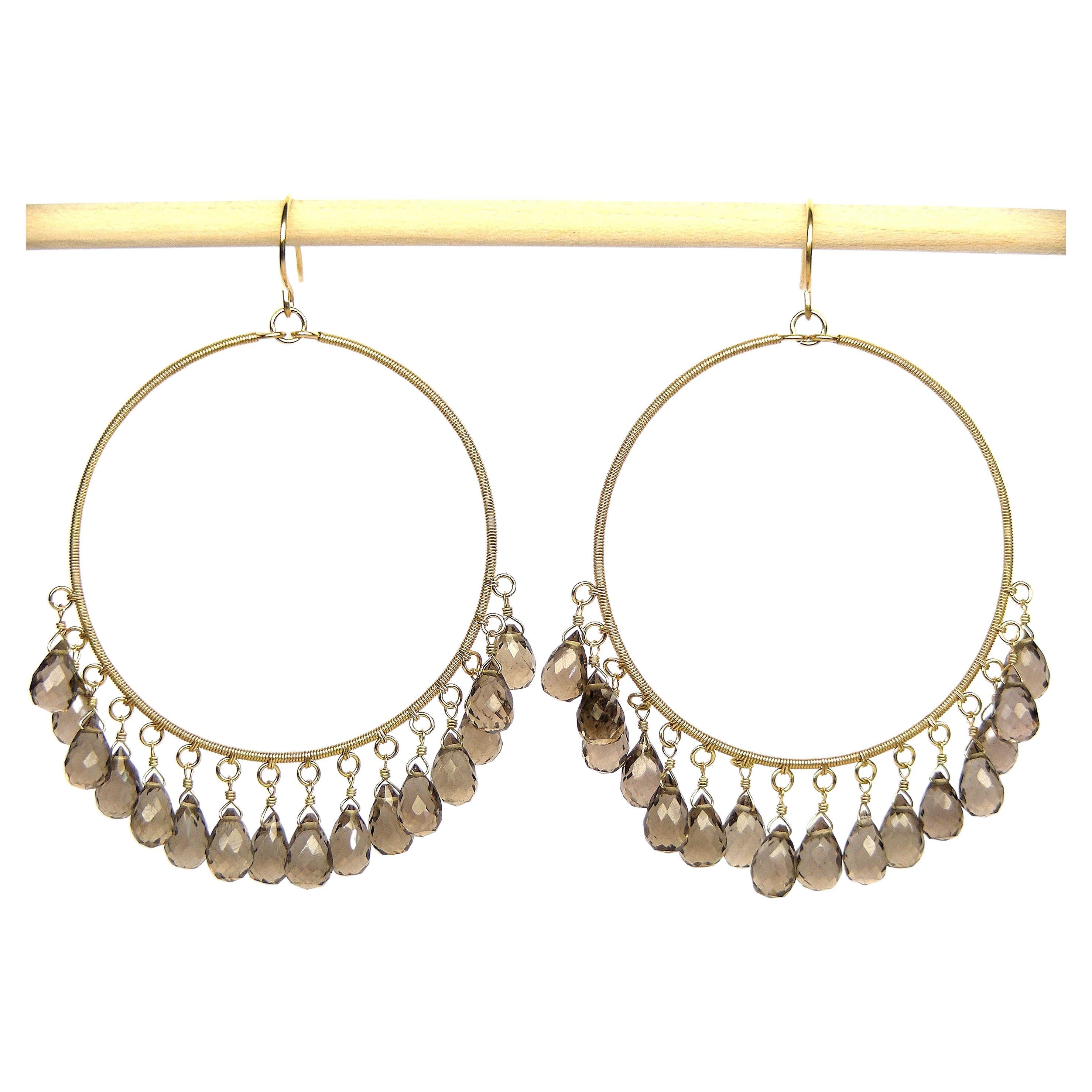 Summer Splash Hoop 18k Gold Earrings with Briolets of Fumé Quartz  For Sale