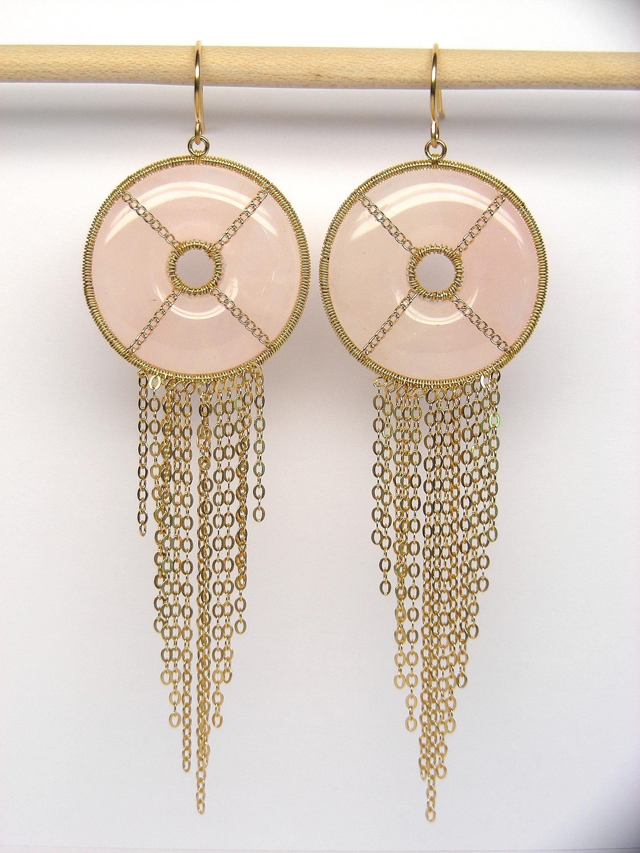 Summer Splash Hoop 18k Gold Earrings with Pink Quartz For Sale 1