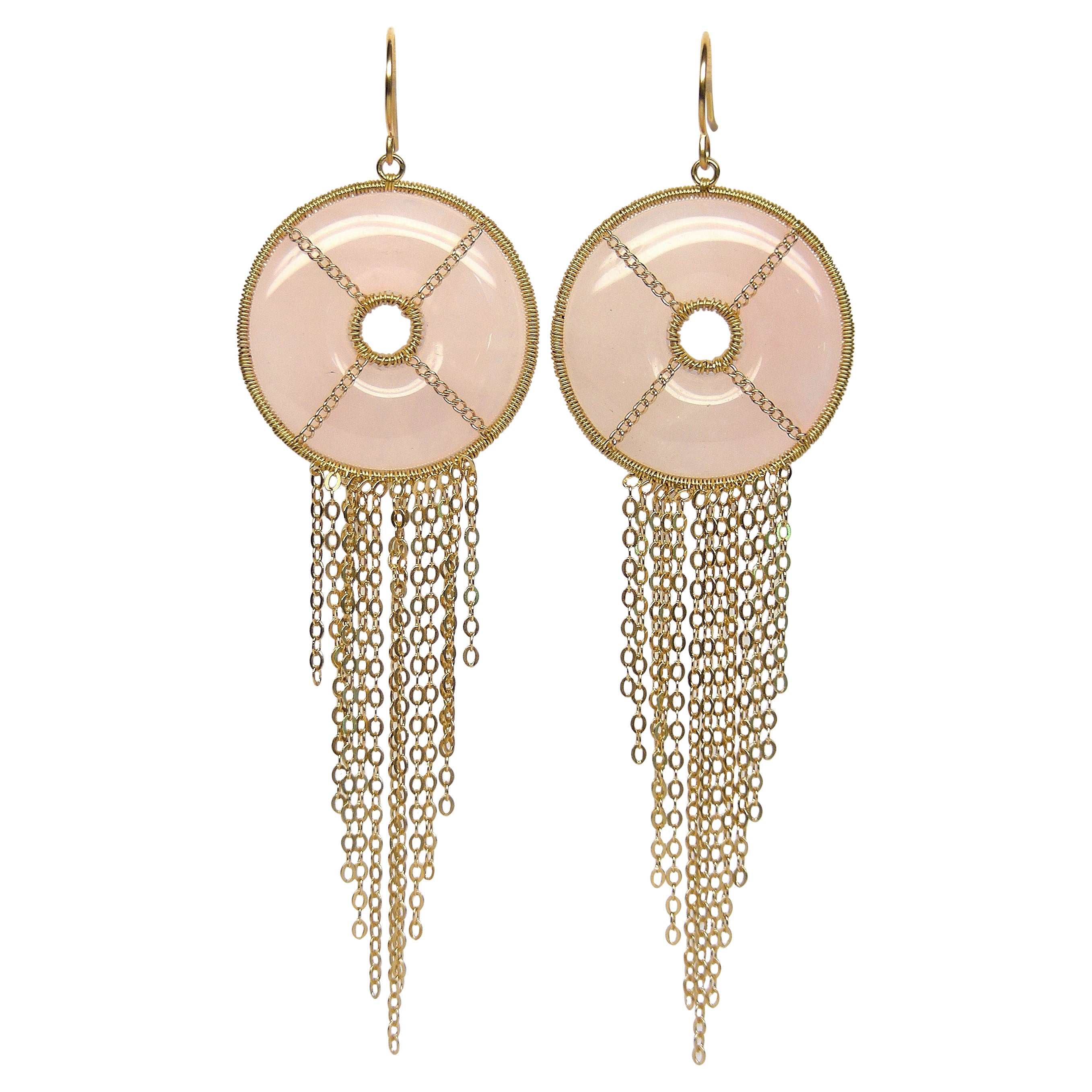 Créoles éclabousssures d'été en or 18 carats avec motif de Mandala en quartz rose