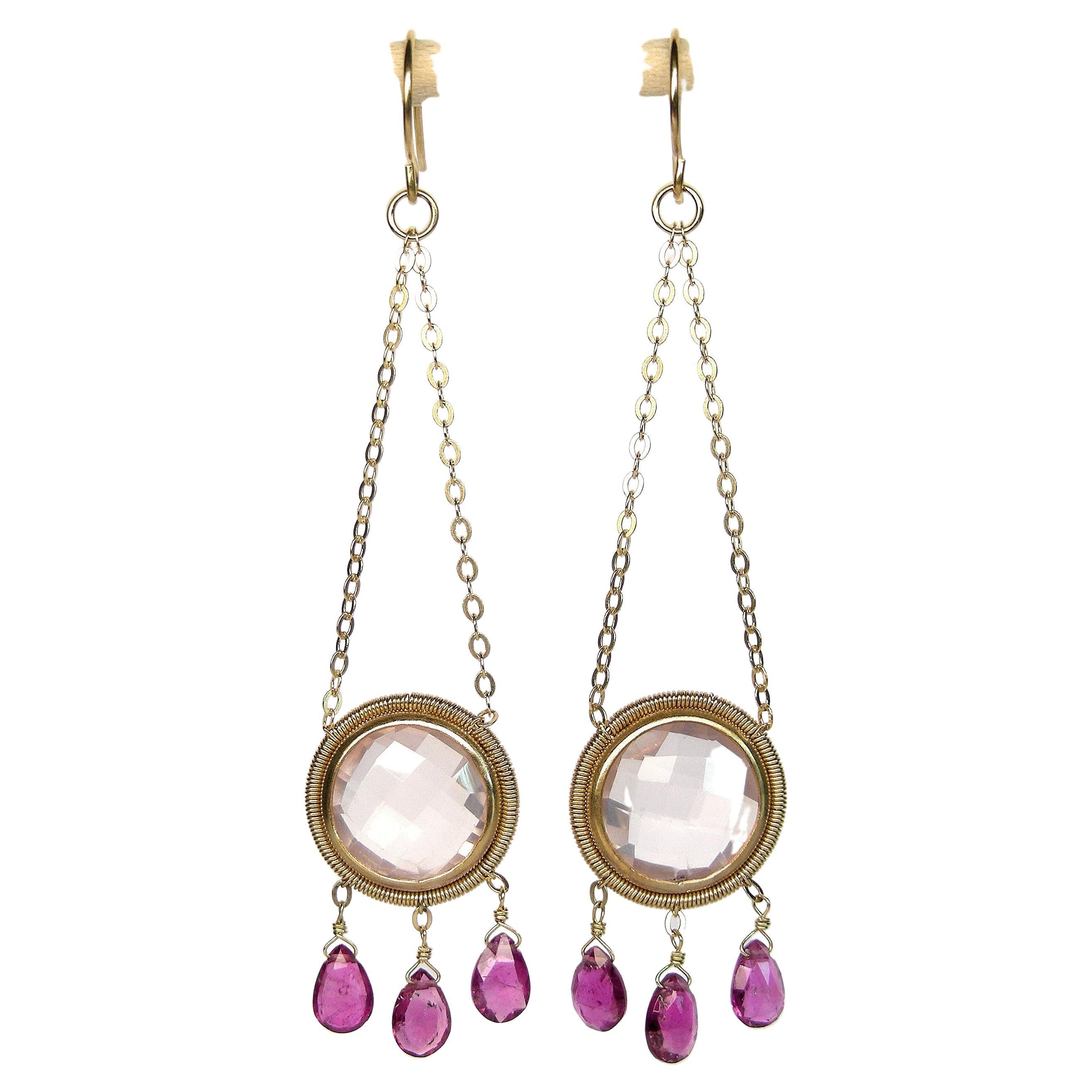 Summer Splash Hoop 18k Gold Earrings with Quartz and Pink Tourmalines For Sale