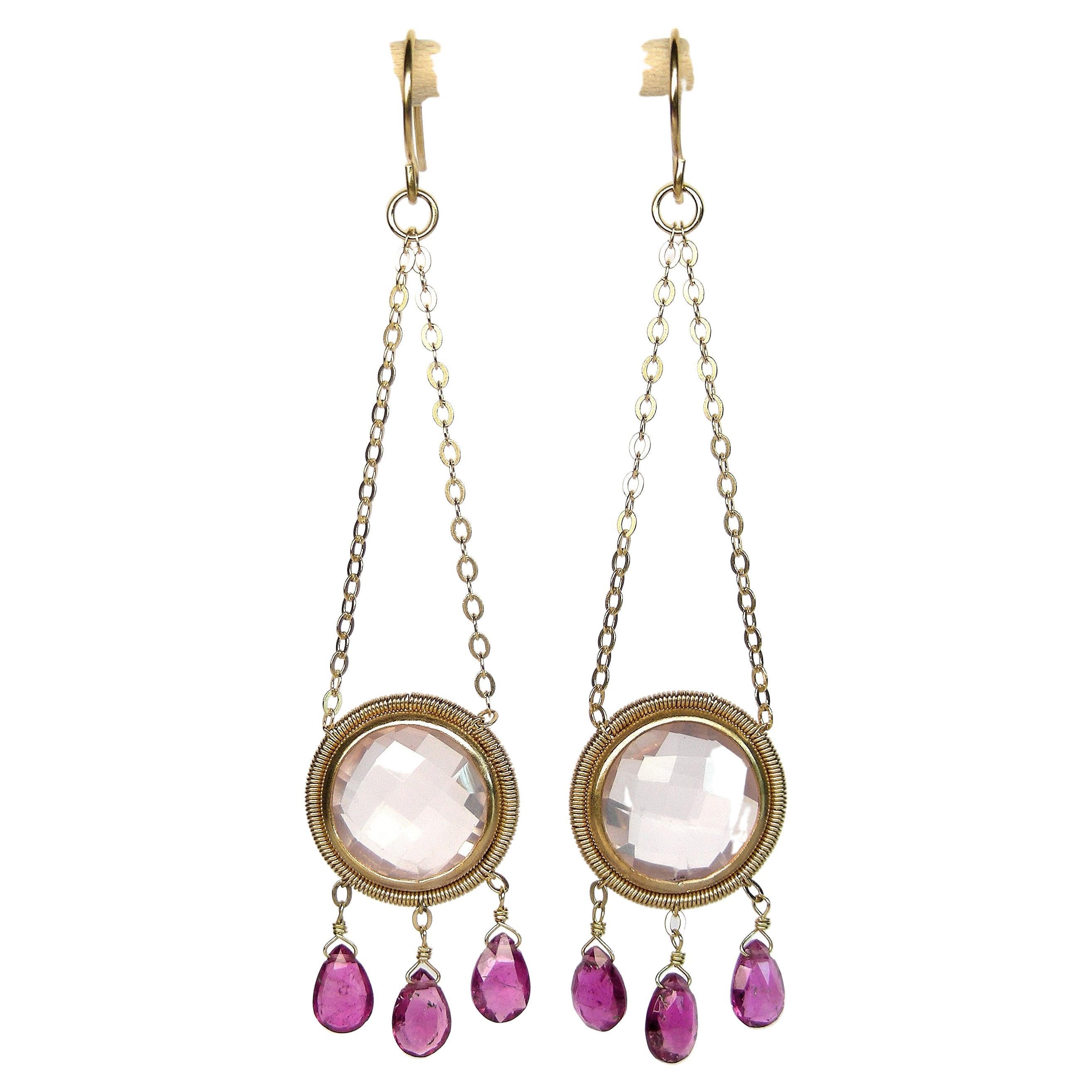 Summer Splash Hoop 18k Gold Earrings with Quartz and Pink Tourmalines