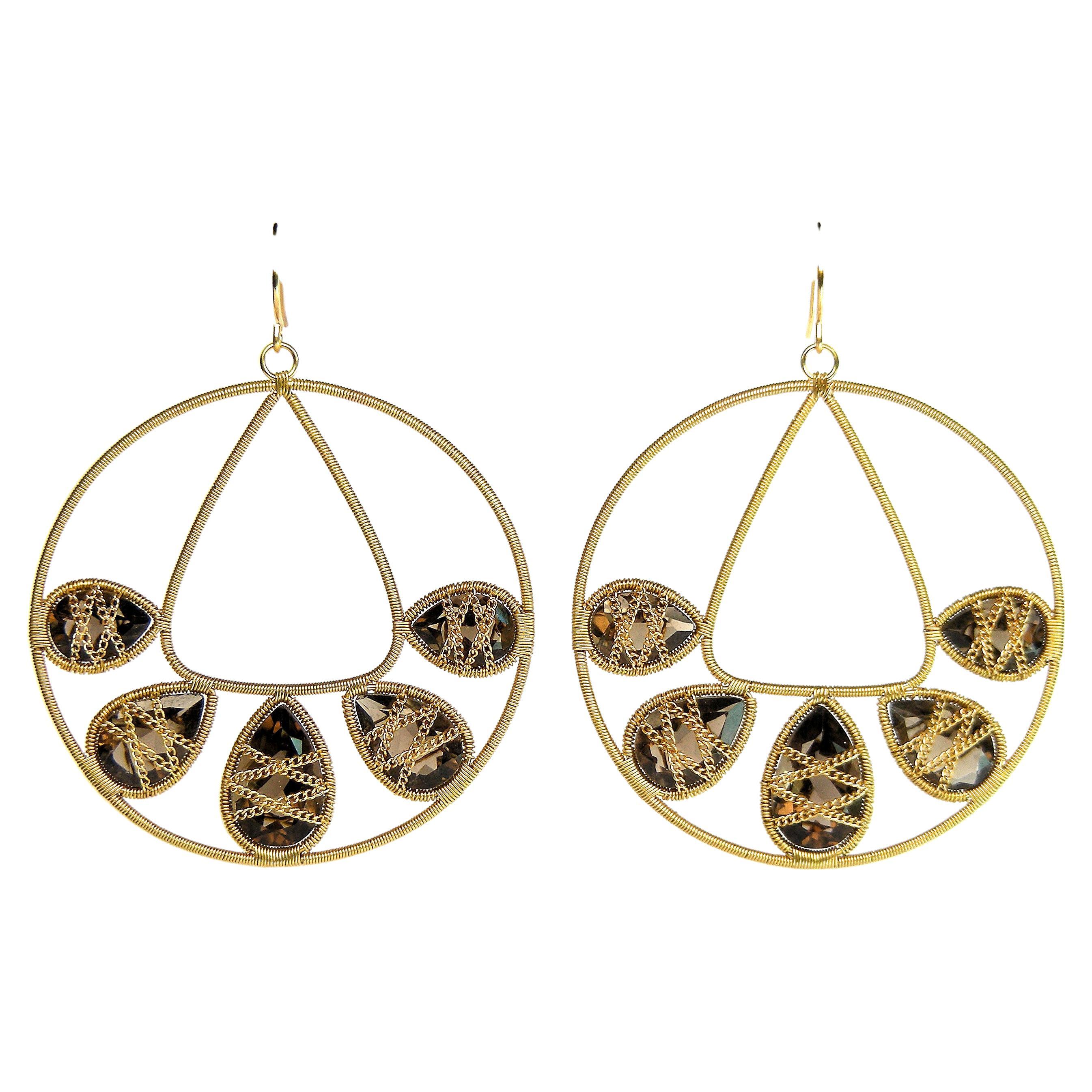 Contemporary Summer Splash Hoop 18k Gold Earrings with Rock Crystal 3 Motif Mandala For Sale