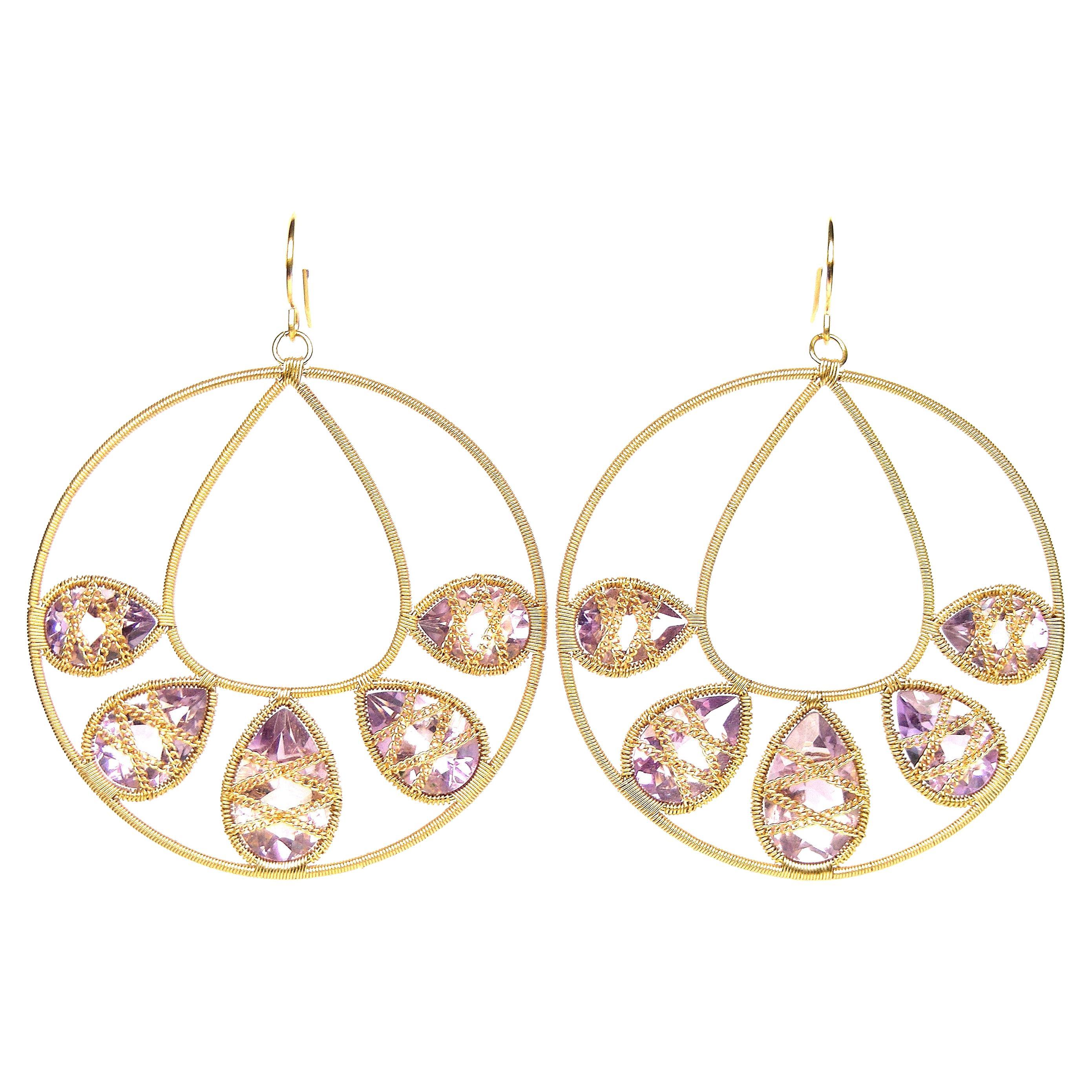 Rose Cut Summer Splash Hoop 18k Gold Earrings with Rock Crystal 3 Motif Mandala For Sale