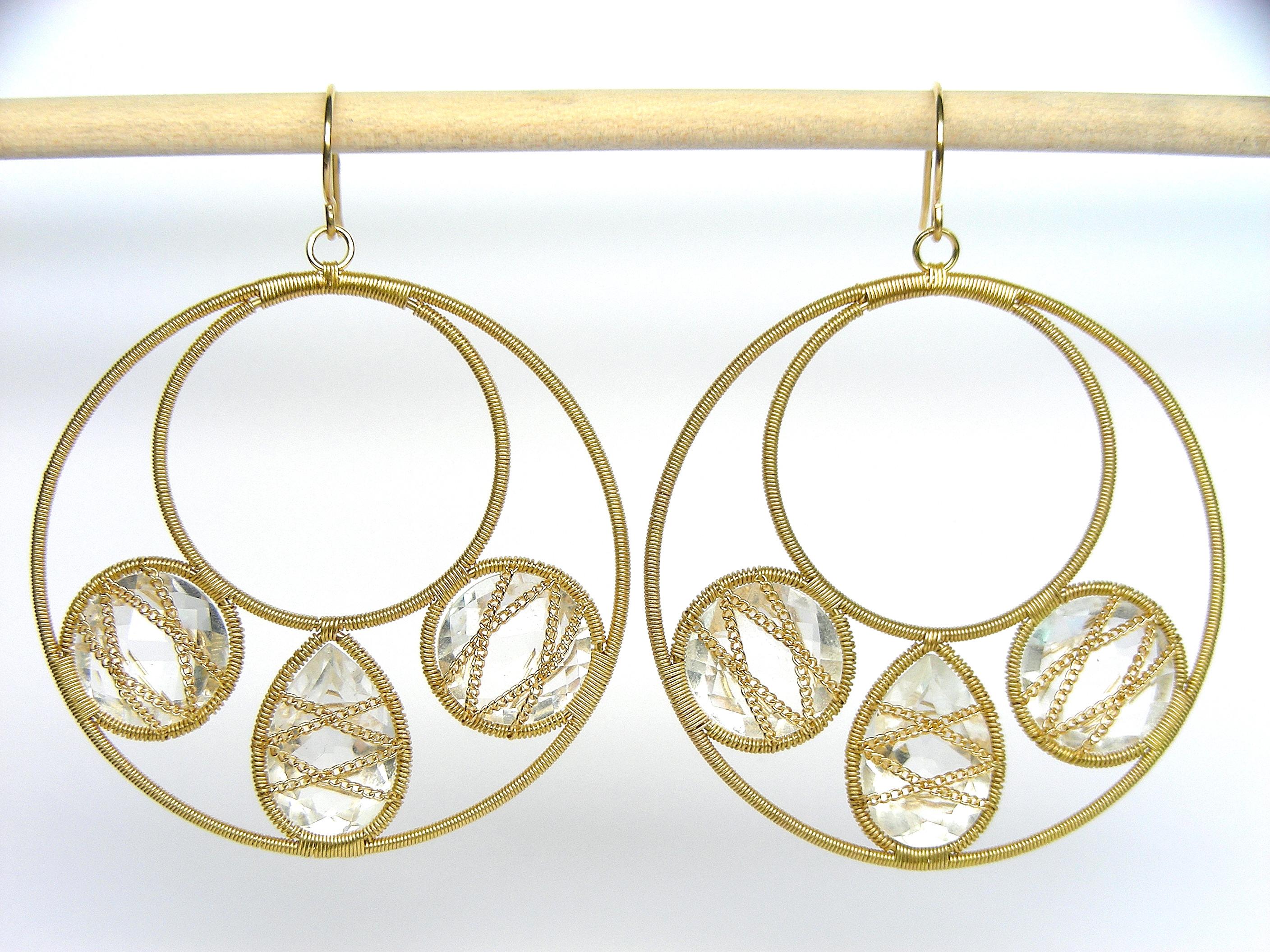 Contemporary Summer Splash Hoop 18k Gold Earrings with Smoked Quartzs 3 Motif Mandala For Sale