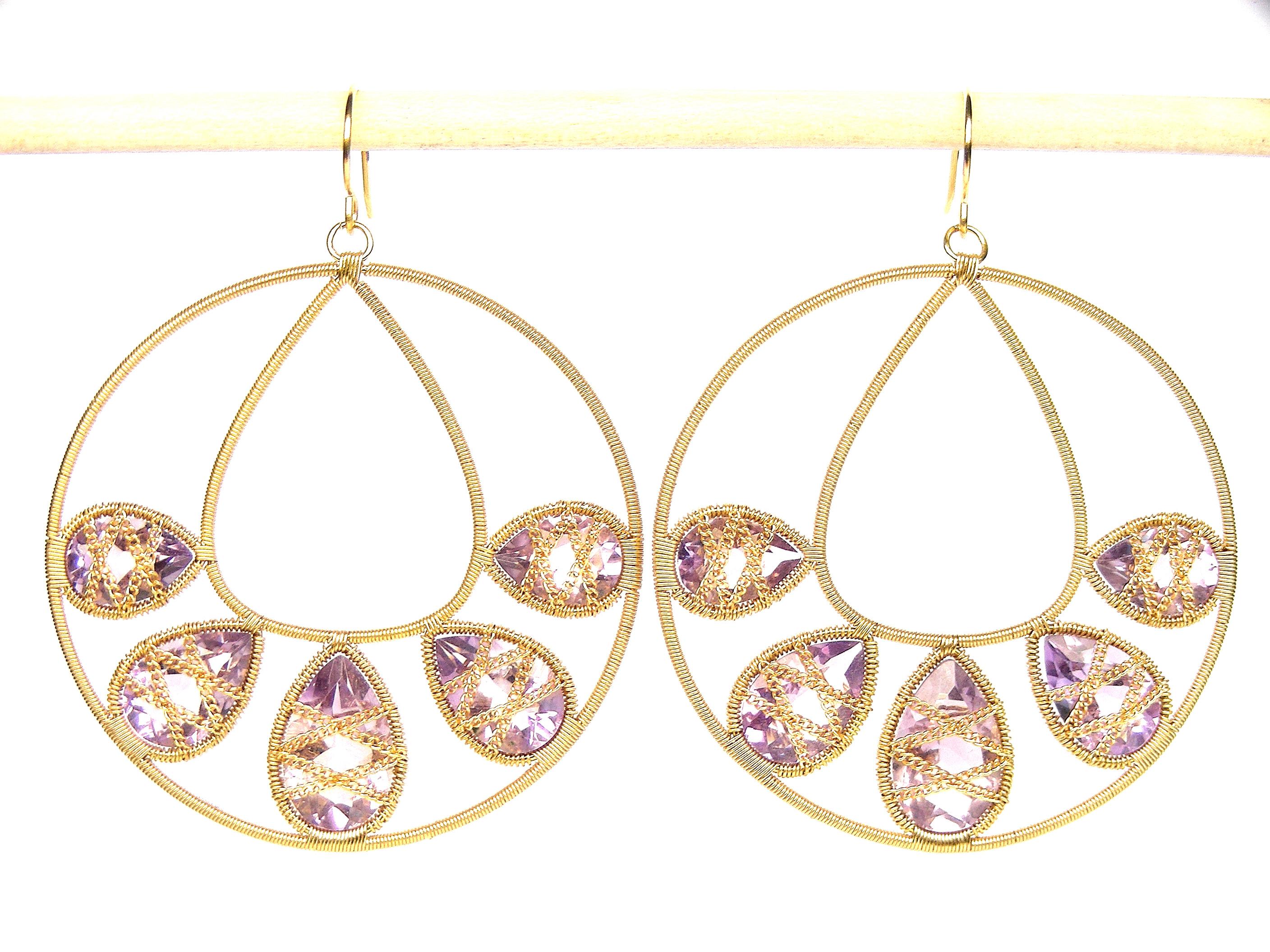 Women's Summer Splash Hoop 18k Gold Earrings with Smoked Quartzs 3 Motif Mandala For Sale