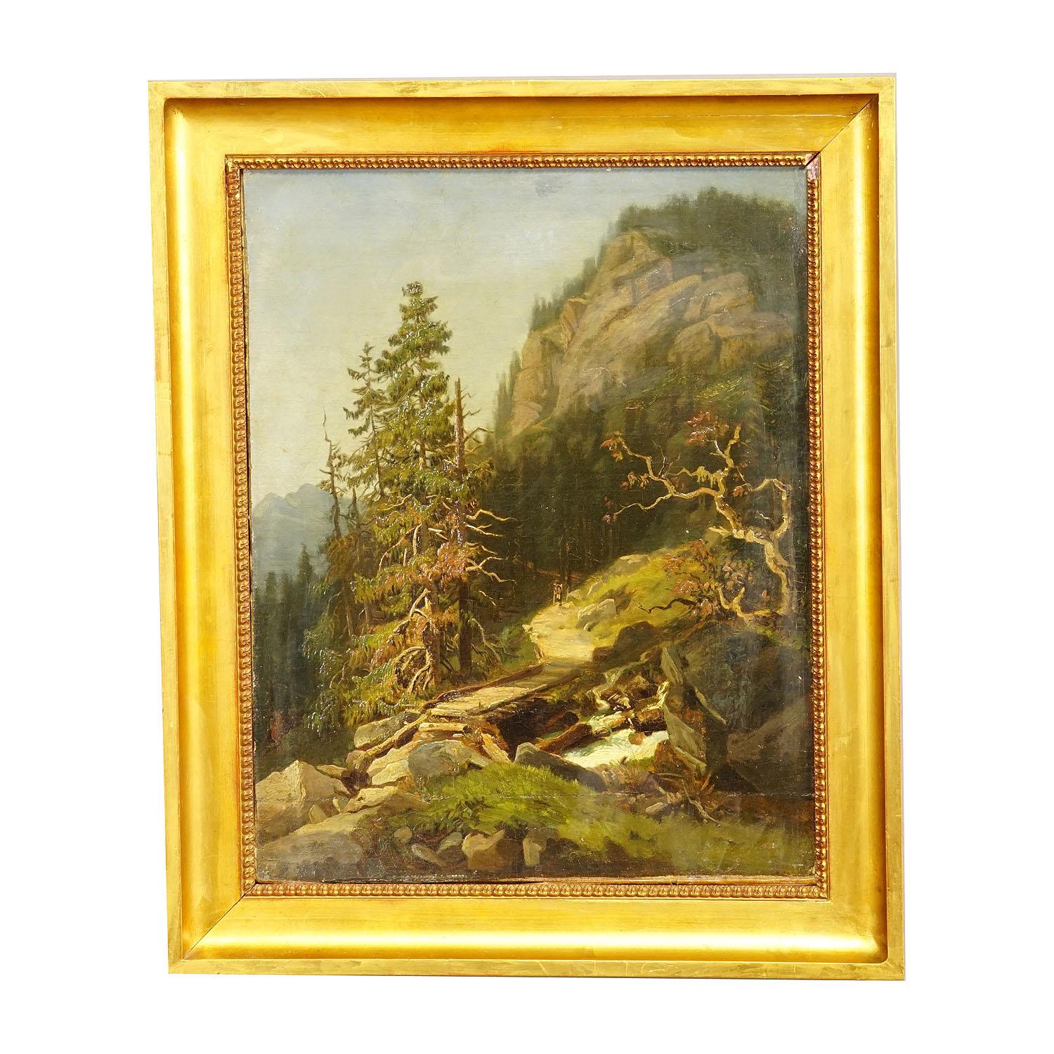 Summerly Mountain Landscape with Hiker on Hiking Trail, 19th century.

An antique oil painting depicting a hiker on an alpine hiking trail and a bridge over a mountrain stream. Painted on canvas with pastell colors. Framed with antique decorative