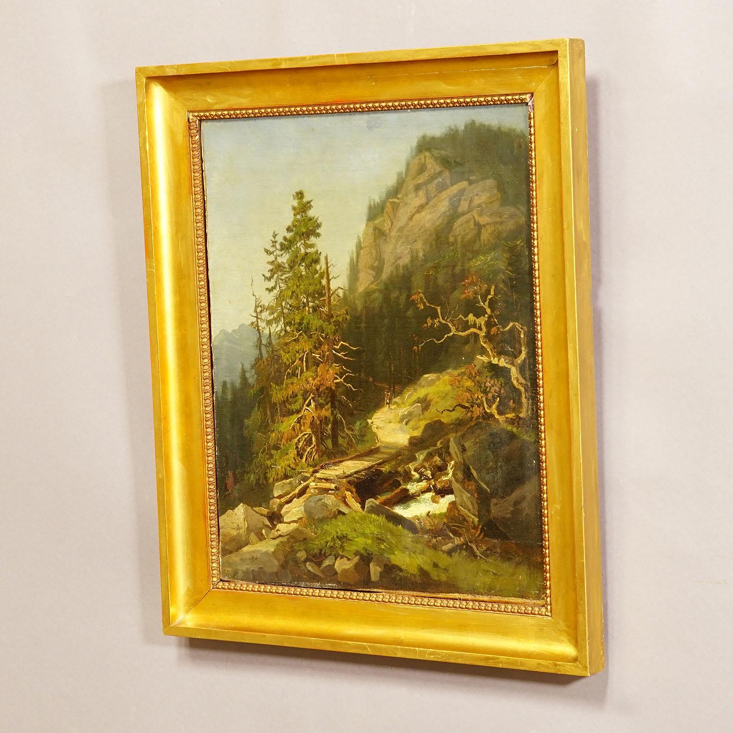 Biedermeier Summerly Mountain Landscape with Hiker on Hiking Trail, 19th Century For Sale