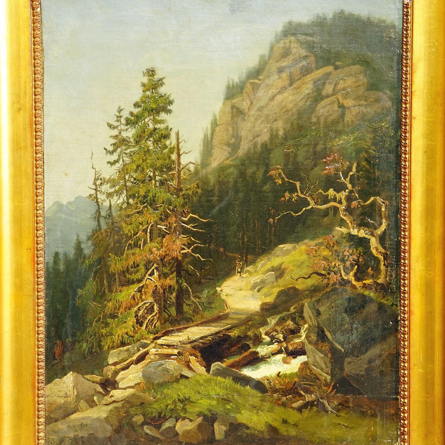German Summerly Mountain Landscape with Hiker on Hiking Trail, 19th Century For Sale