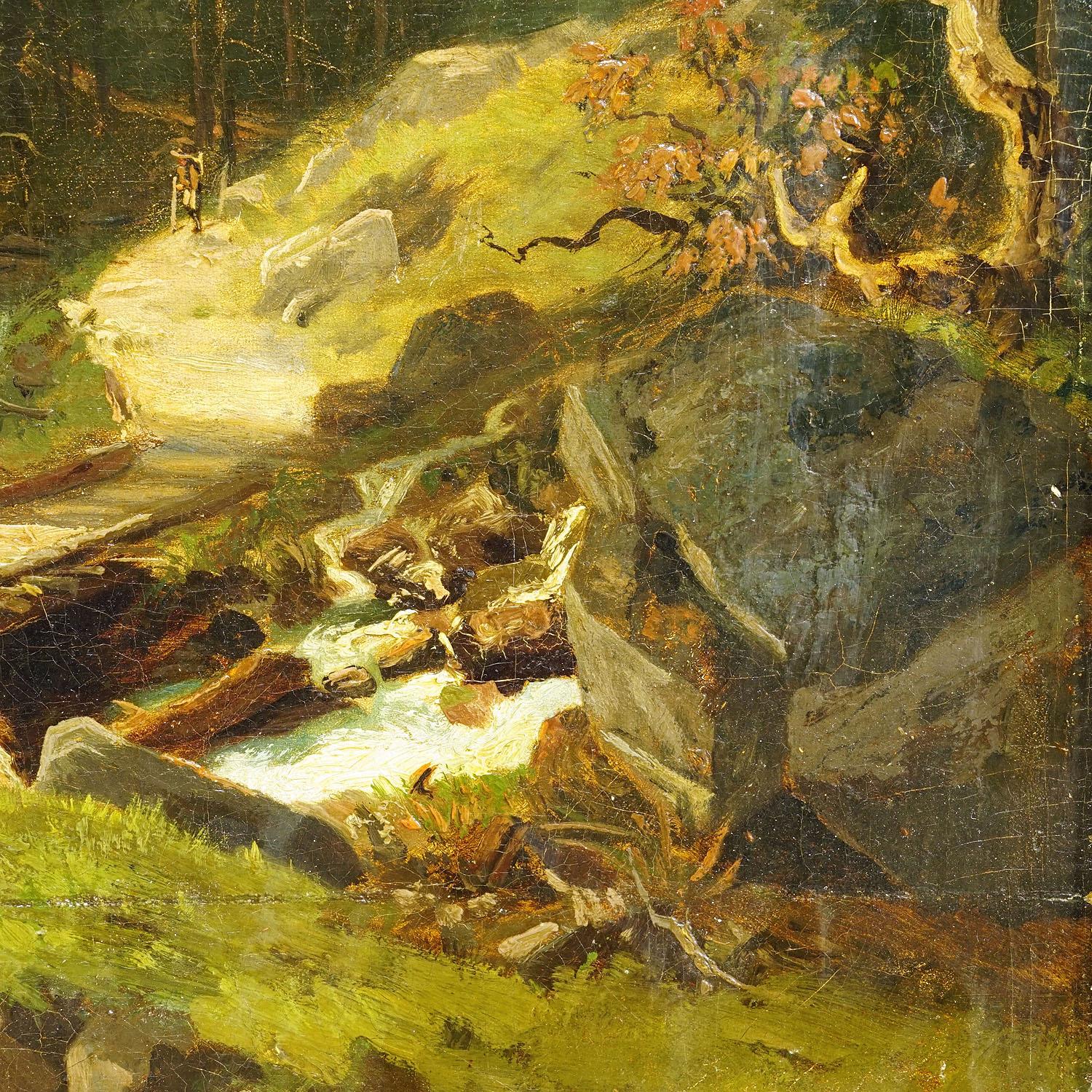 Painted Summerly Mountain Landscape with Hiker on Hiking Trail, 19th Century For Sale