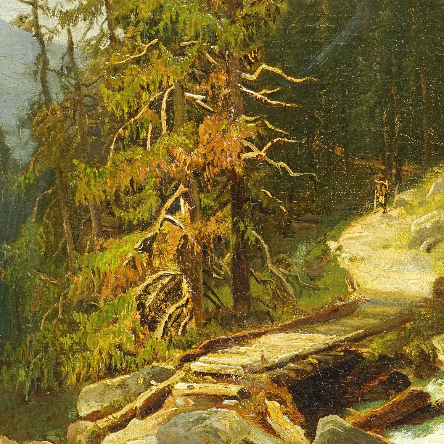 Summerly Mountain Landscape with Hiker on Hiking Trail, 19th Century In Good Condition For Sale In Berghuelen, DE
