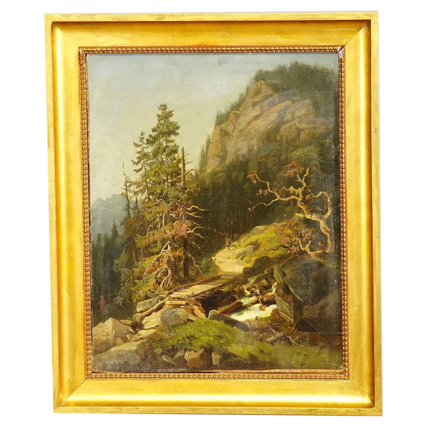 Summerly Mountain Landscape with Hiker on Hiking Trail, 19th Century For Sale