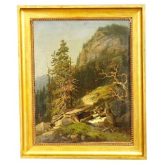 Summerly Mountain Landscape with Hiker on Hiking Trail, 19th Century