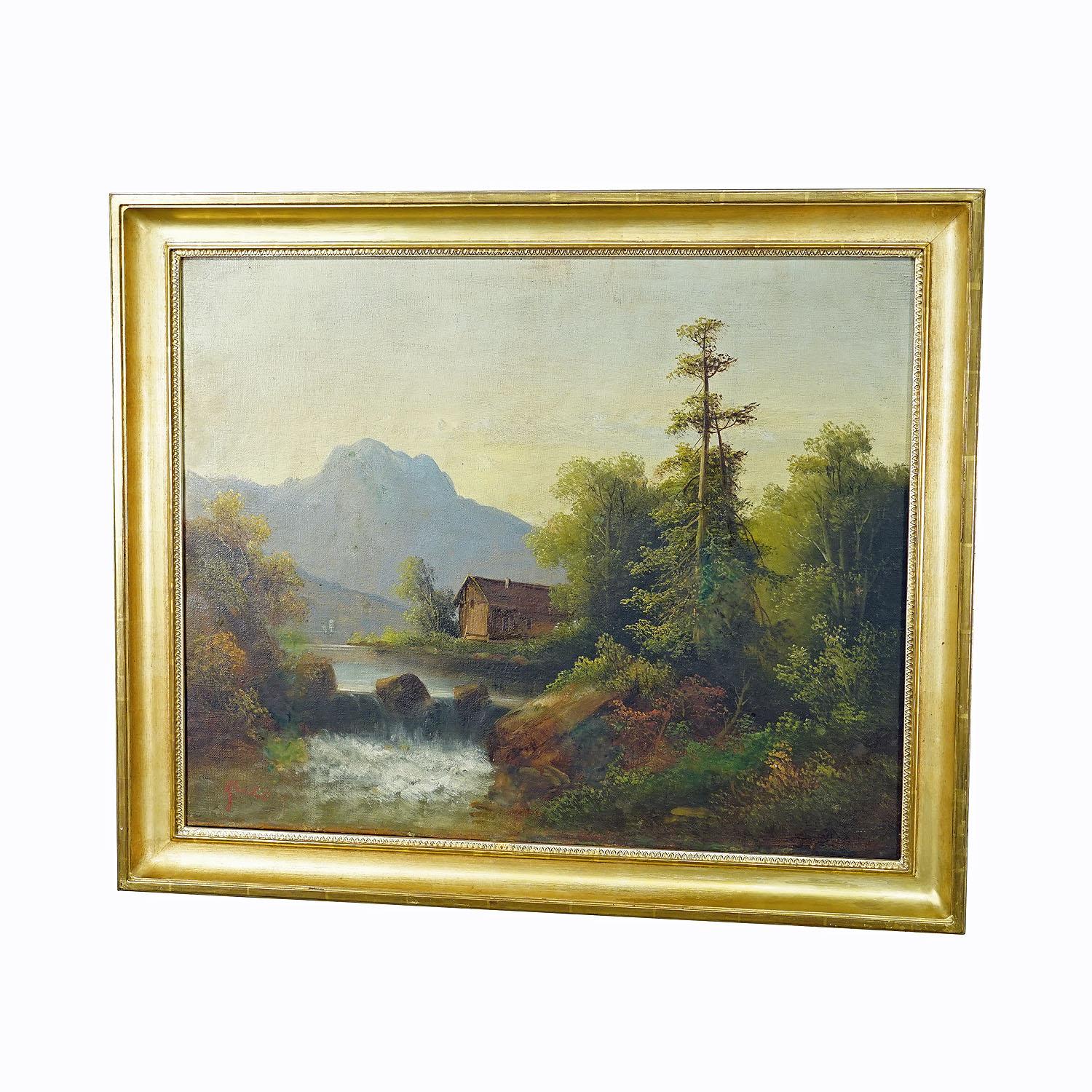 Summerly Mountain Landscape with Water Fall and Mountain Hut, 19th century

An antique oil painting depicting a mountain landscape with waterfall in front of a mountain shelter. Painted on canvas with pastell colors. Framed with antique decorative