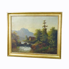 Summerly Mountain Landscape with Water Fall and Mountain Hut, 19th Century