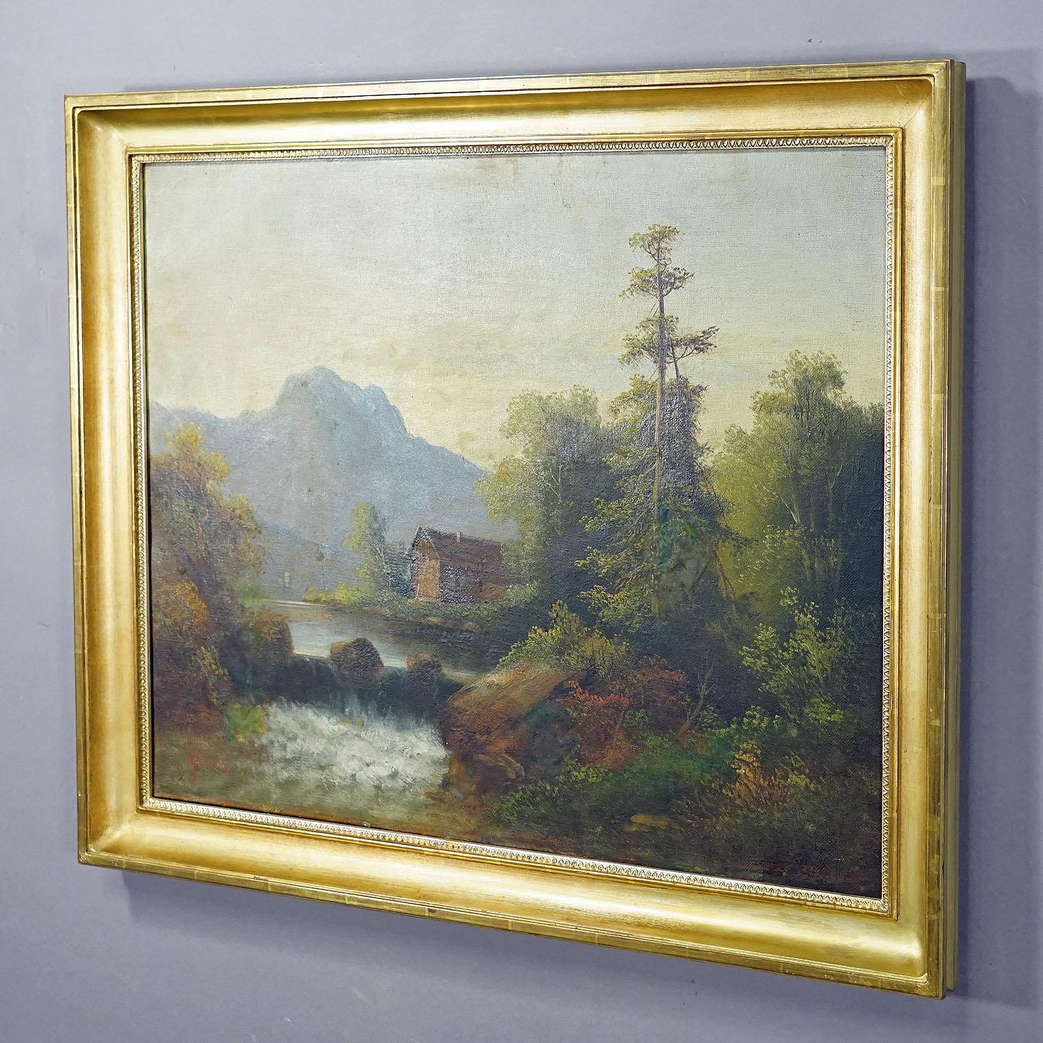 Early Victorian Summerly Mountain Landscape with Water Fall and Mountain Hut, 19th Century For Sale