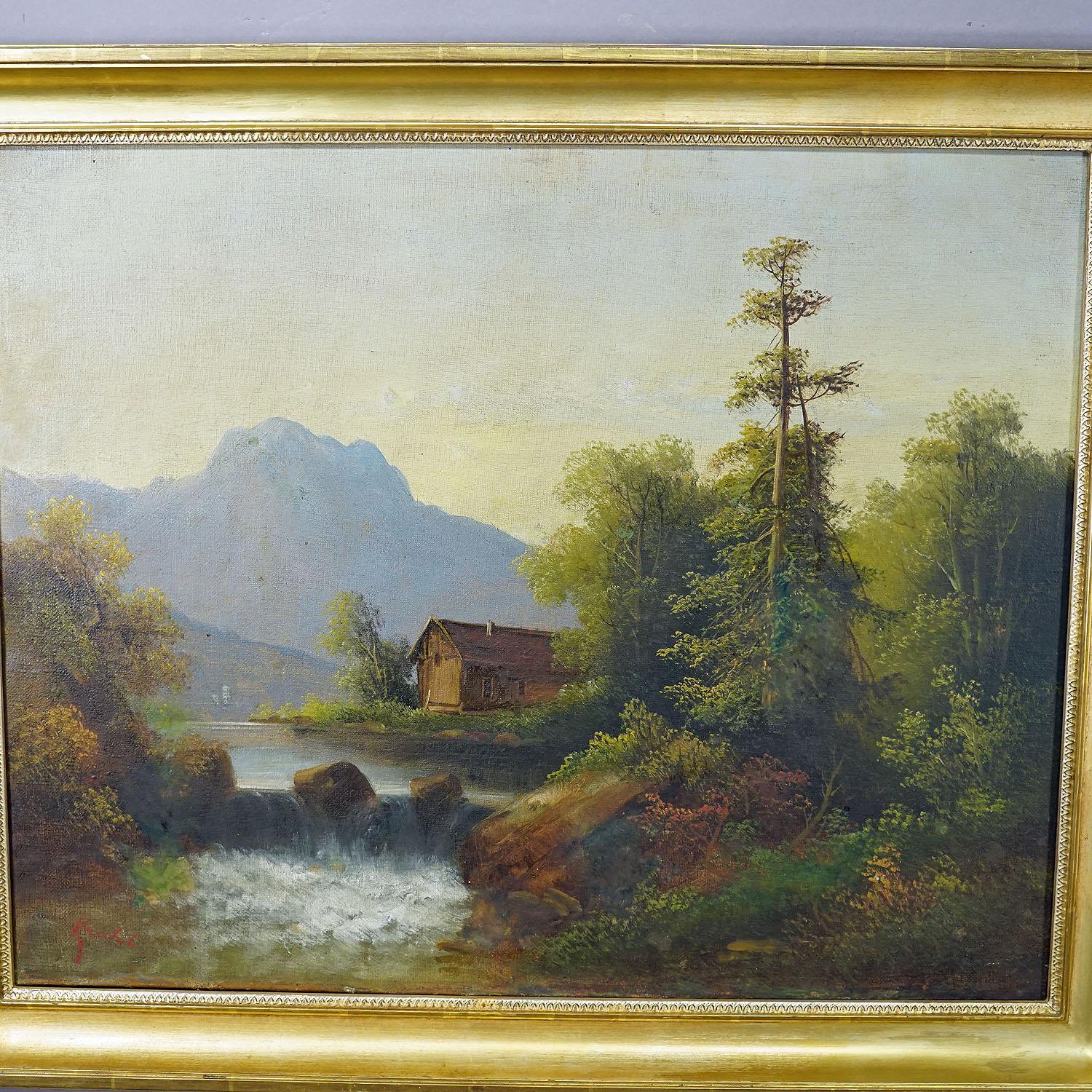 German Summerly Mountain Landscape with Water Fall and Mountain Hut, 19th Century For Sale