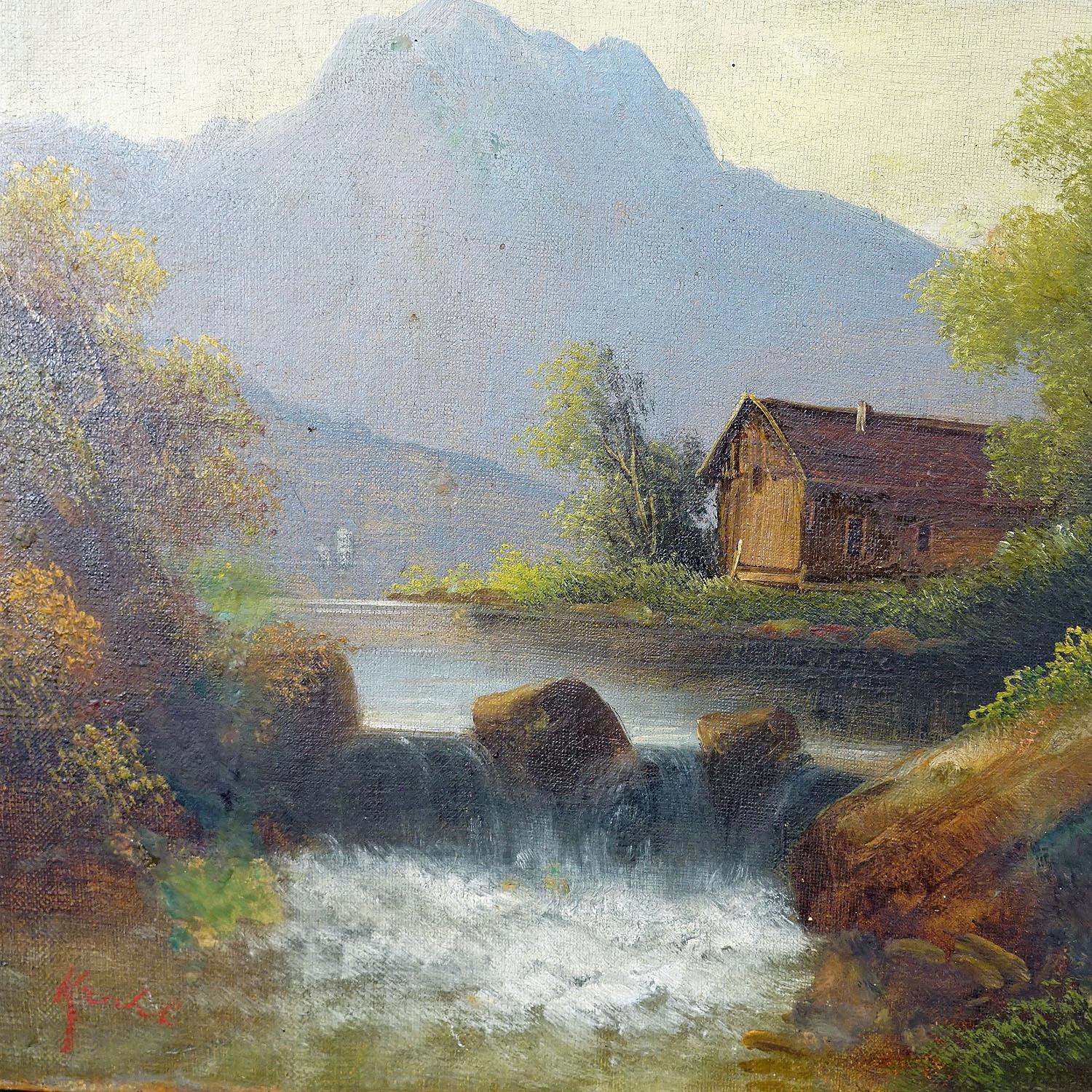 Painted Summerly Mountain Landscape with Water Fall and Mountain Hut, 19th Century For Sale