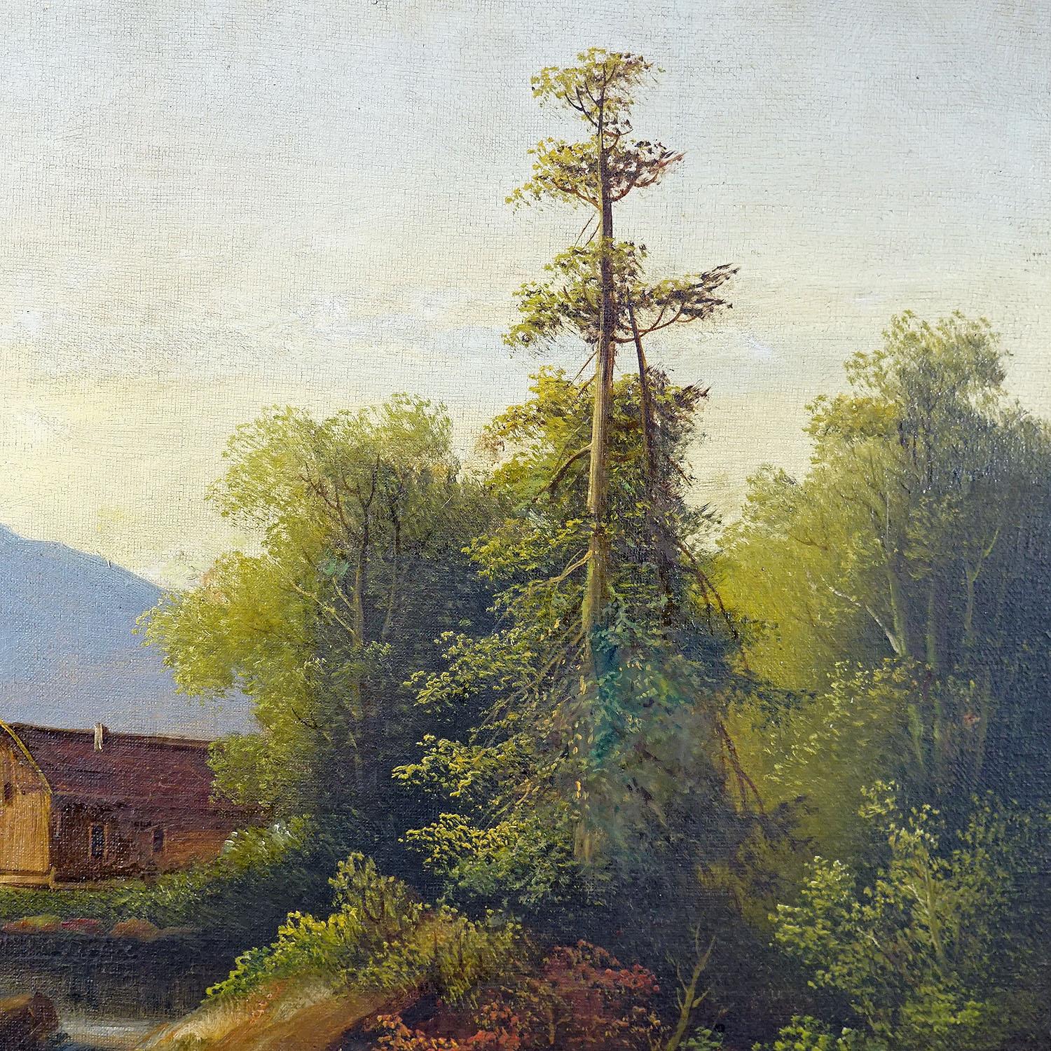 Summerly Mountain Landscape with Water Fall and Mountain Hut, 19th Century In Good Condition For Sale In Berghuelen, DE