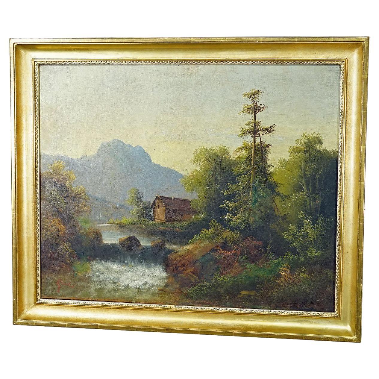 Summerly Mountain Landscape with Water Fall and Mountain Hut, 19th Century For Sale