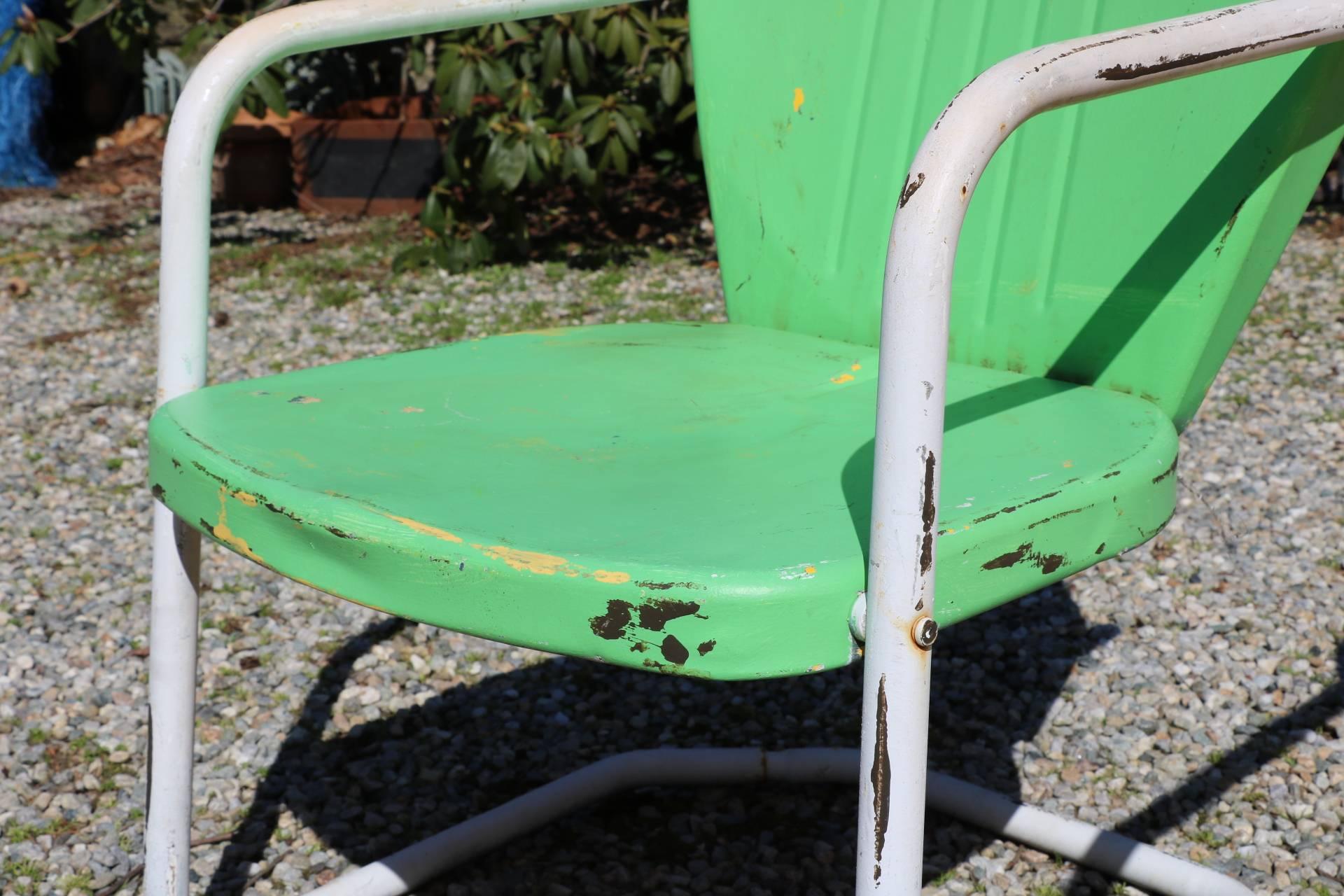 A cool old pair of vintage Mid-Century Modern steel 1950s tangerine and lime green perfect for any party rocker chairs - have some summer fun! The real deal of a pair - add a punch of tangerine and lime green to your Yard/Patio/Porch/Room! and add