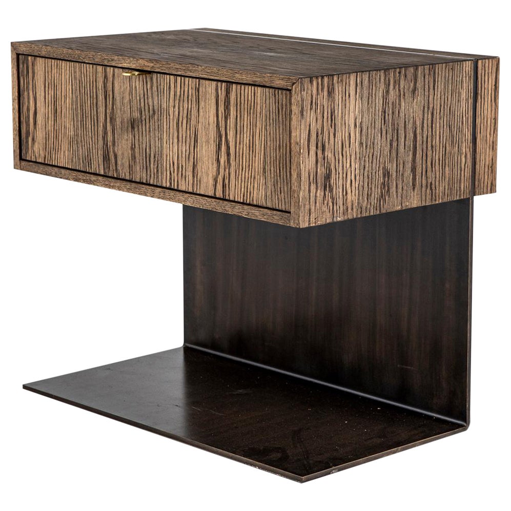 Summerveld Fumed Oak Timber, Solid Brass and Bronzed Steel Bedside Pedestal