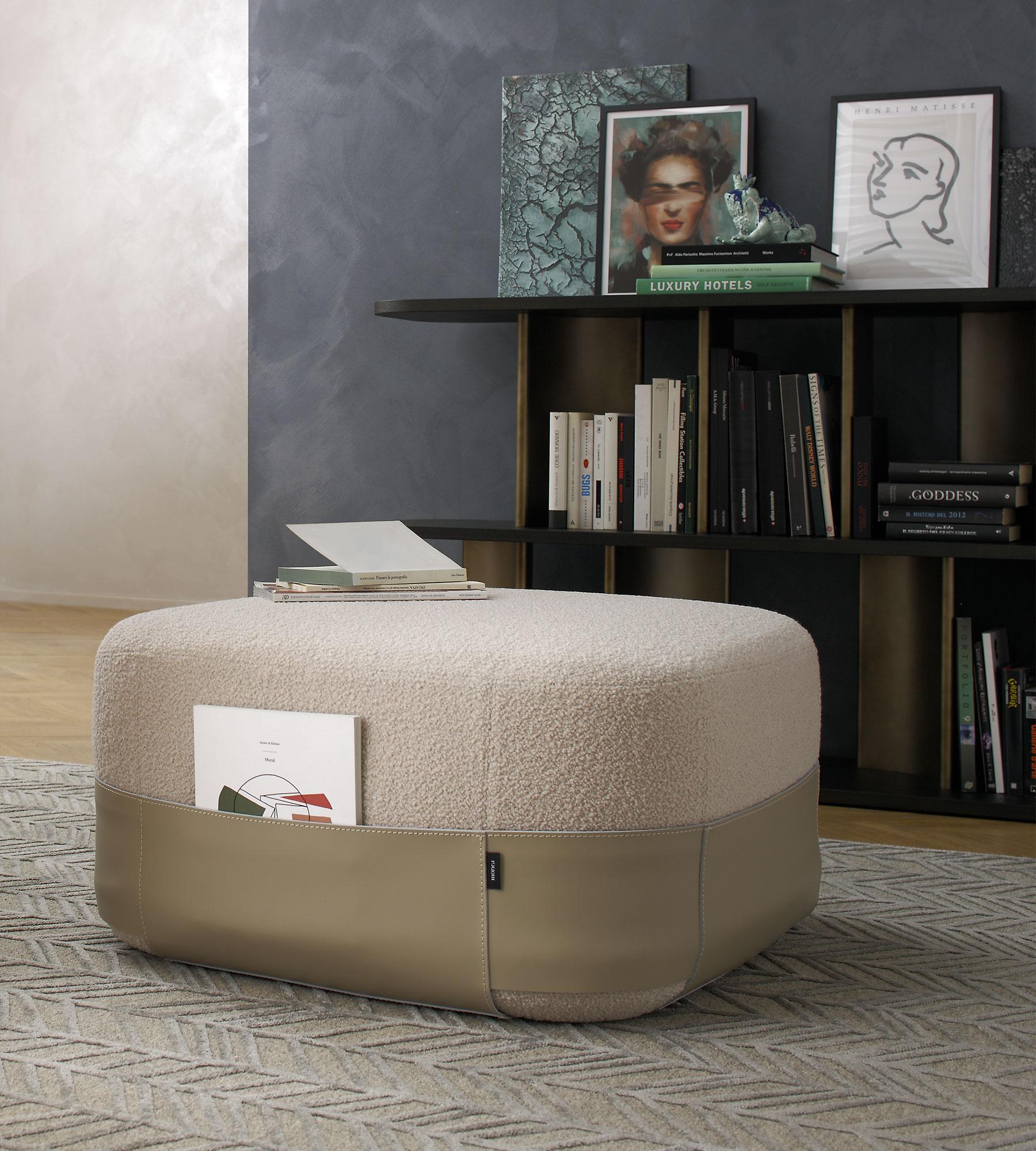 Upholstery Sumo Bouclé Wool and Leather Pouf by Morica Design For Sale