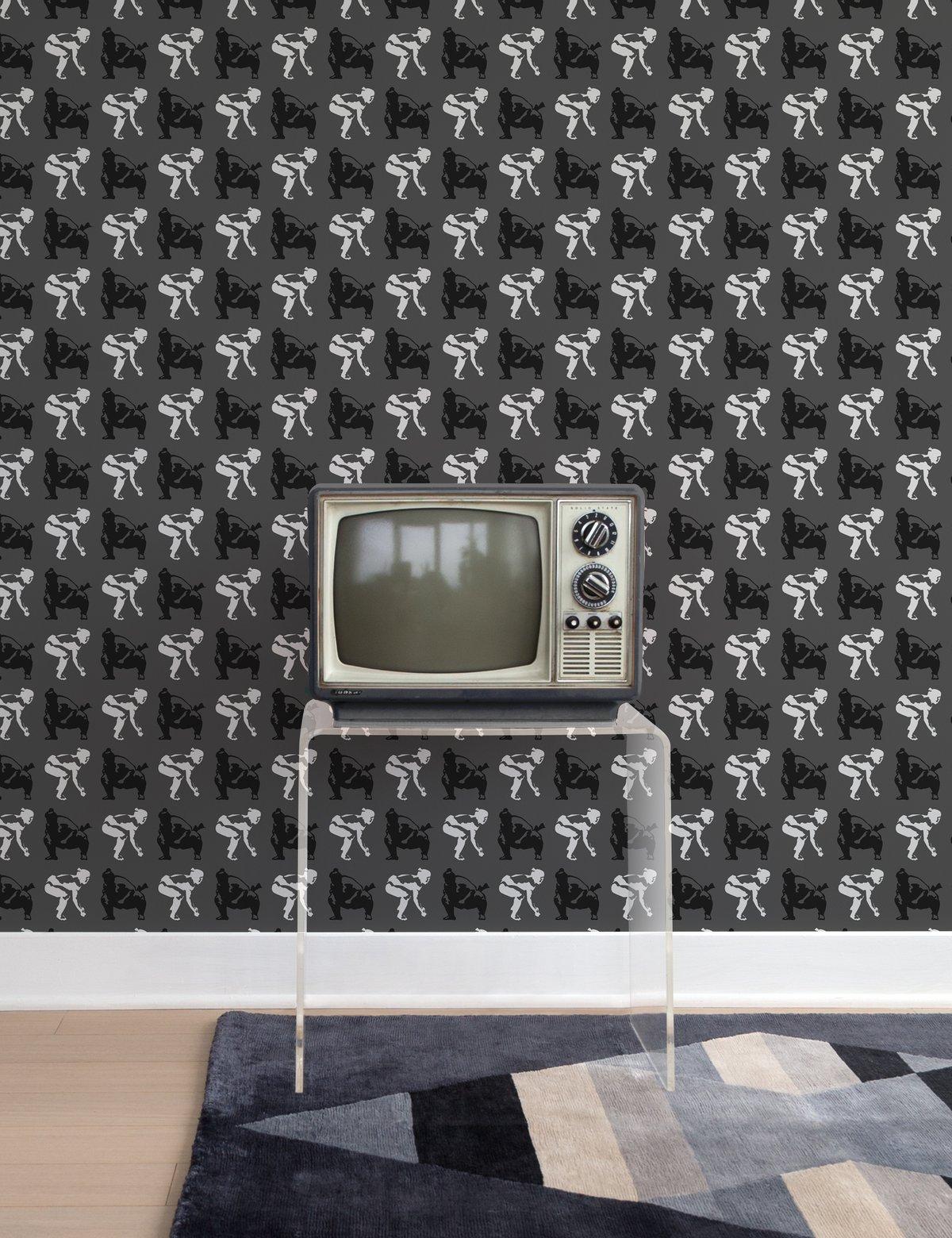 Modern Sumo Designer Wallpaper in Halftone 'Black, White and Grey' For Sale