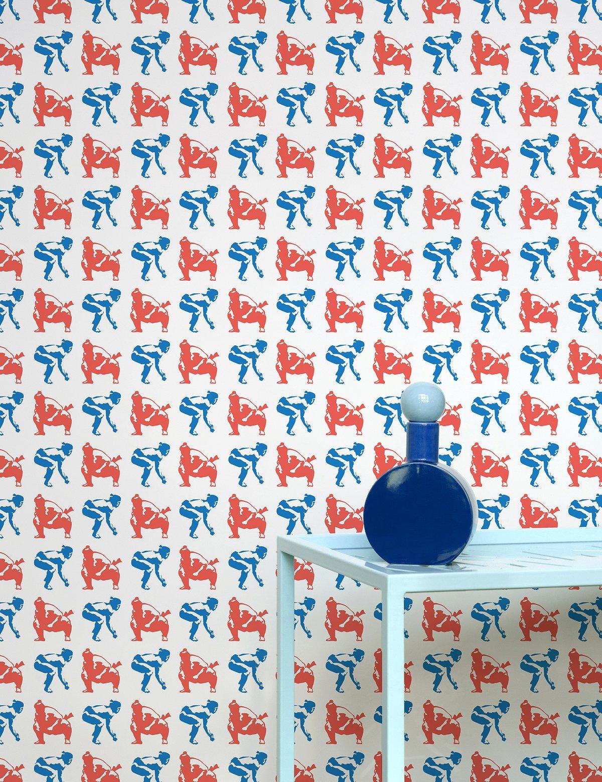 Modern Sumo Designer Wallpaper in Primary 'Red, Cobalt and Pale Grey' For Sale