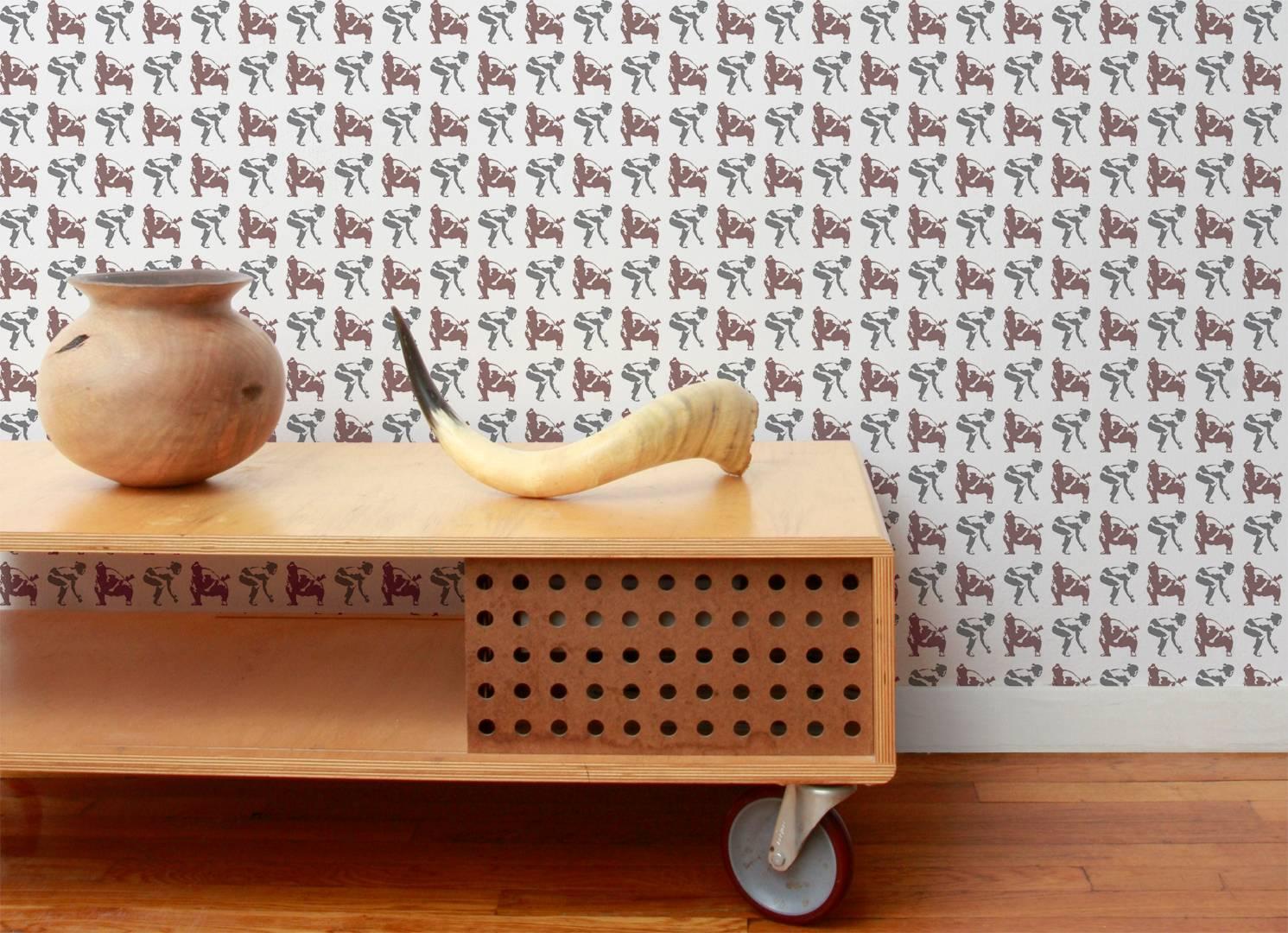 Modern Sumo Screen-Printed Wallpaper in Classic 'Charcoal and Brown on Pale Grey' For Sale