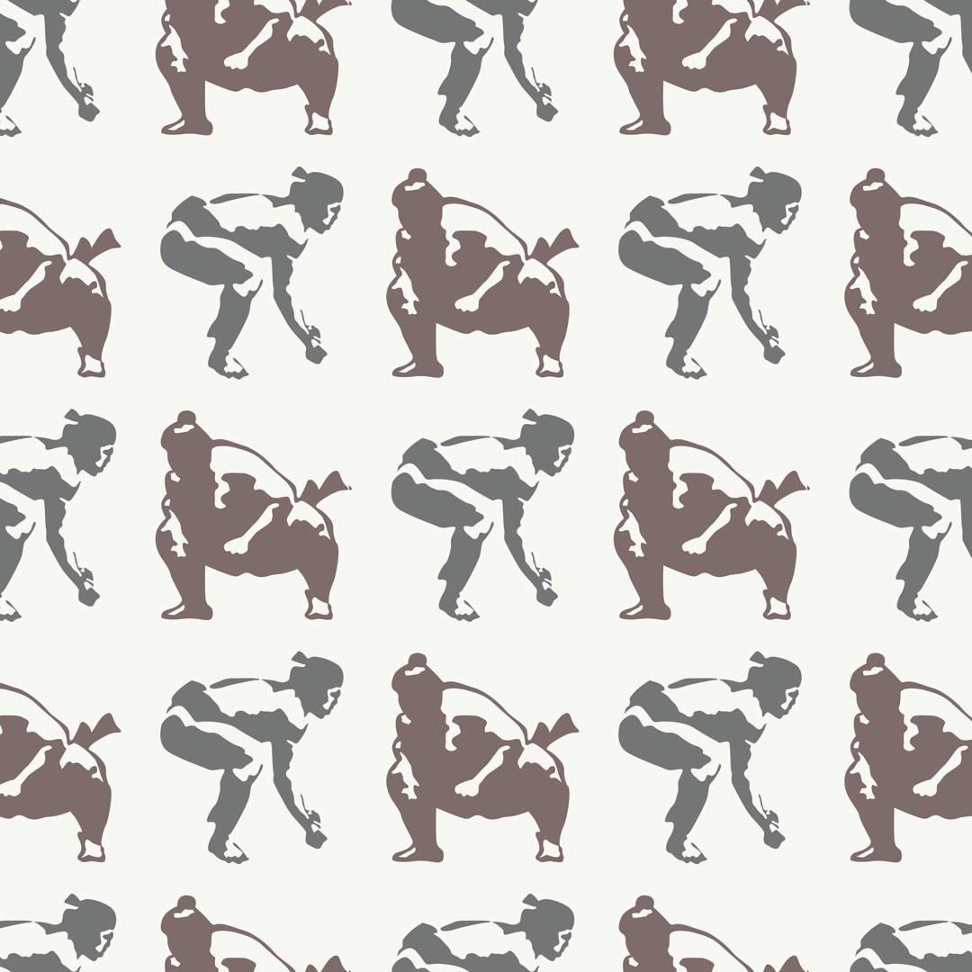 Sumo Screen-Printed Wallpaper in Classic 'Charcoal and Brown on Pale Grey' For Sale