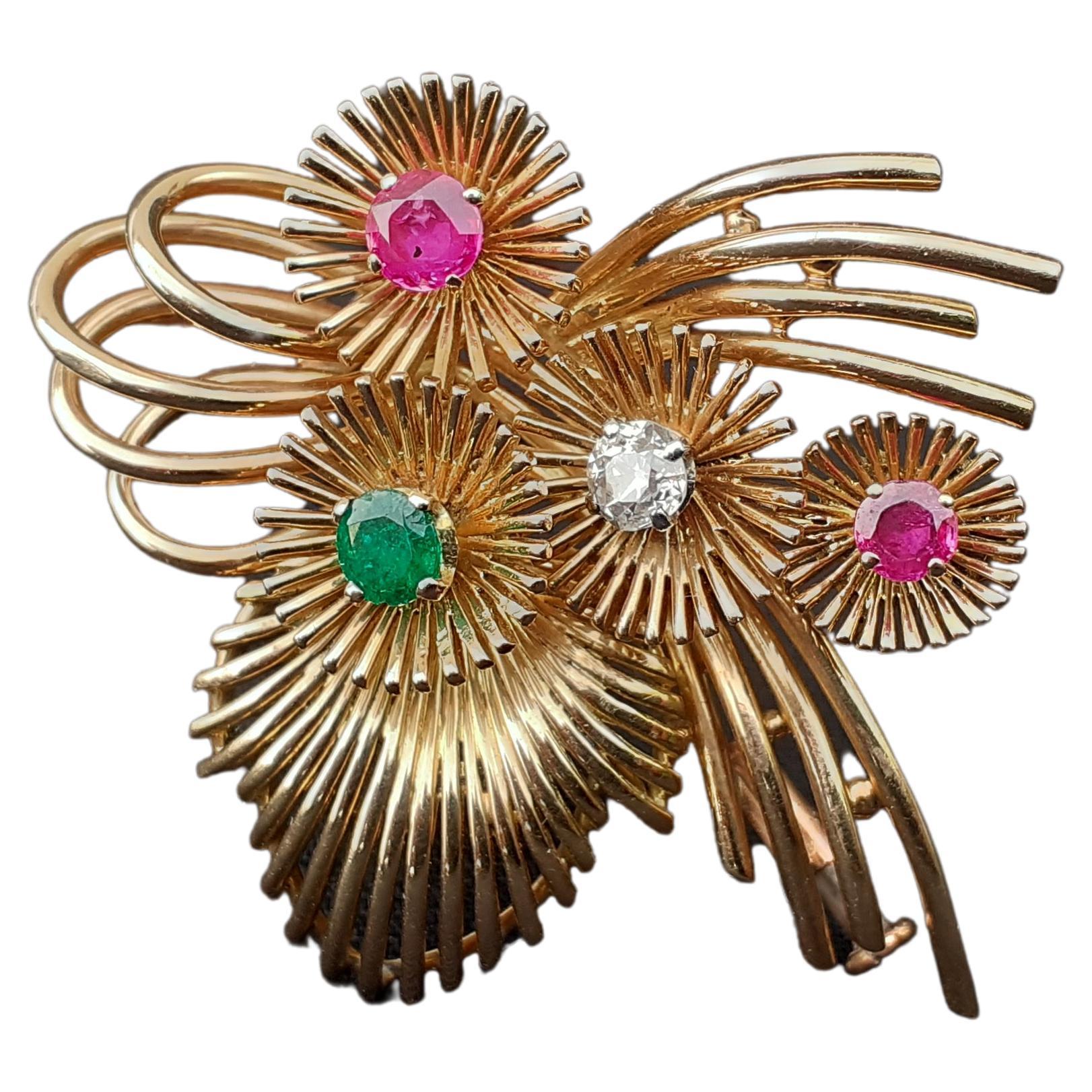 Sumptuous Bouquet of Flowers Lapel Pin Brooch in Gold and Gems For Sale