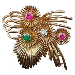 Vintage Sumptuous Bouquet of Flowers Lapel Pin Brooch in Gold and Gems