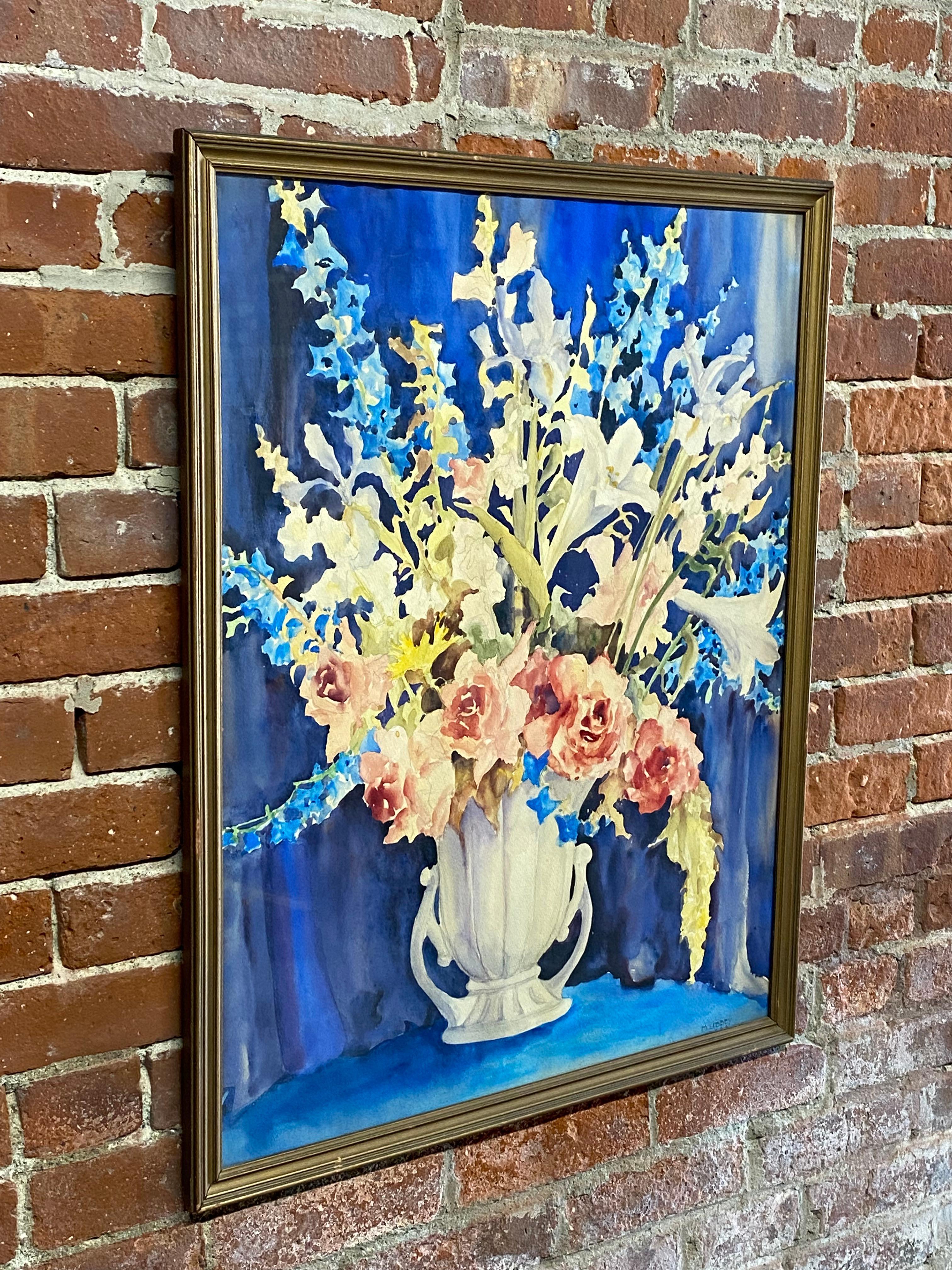 Art déco Somptueuse aquarelle florale des années 1930 en cascade en vente