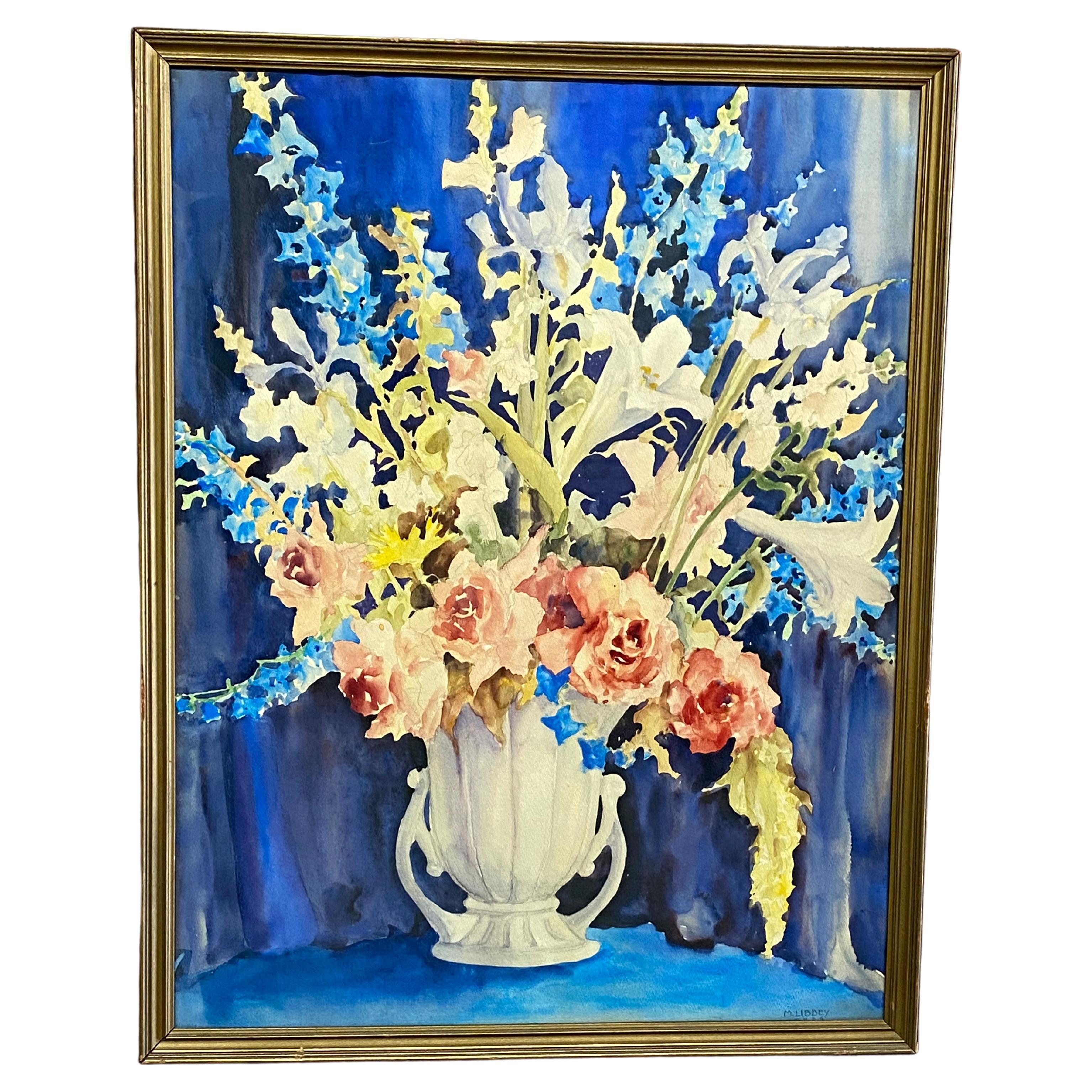 Somptueuse aquarelle florale des années 1930 en cascade en vente
