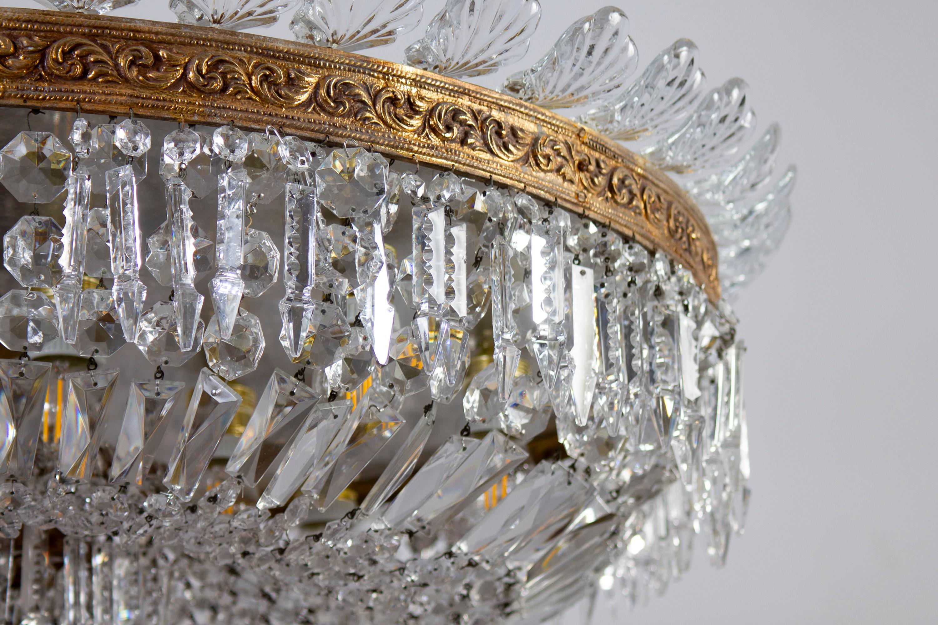 Art Deco Sumptuous Crystal and Brass Chandelier, Italy, 1940 For Sale