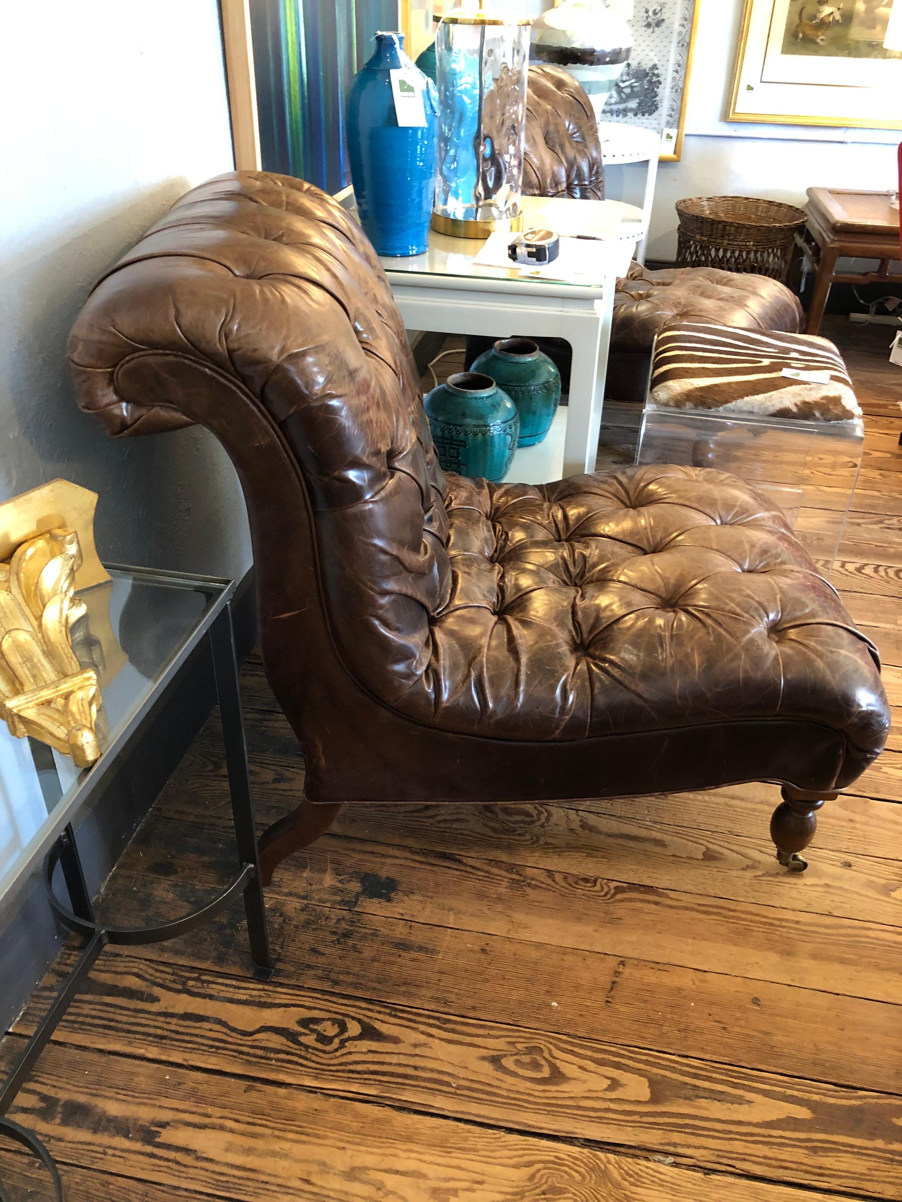 American Sumptuous Distressed Tobacco Brown Leather Pair of Mitchell Gold Club Chairs