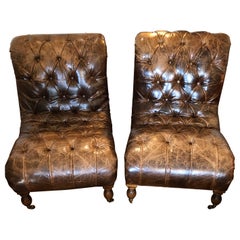 Sumptuous Distressed Tobacco Brown Leather Pair of Mitchell Gold Club Chairs